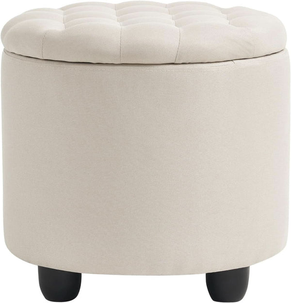 Beige Round Storage Ottoman Featuring Removable Lid