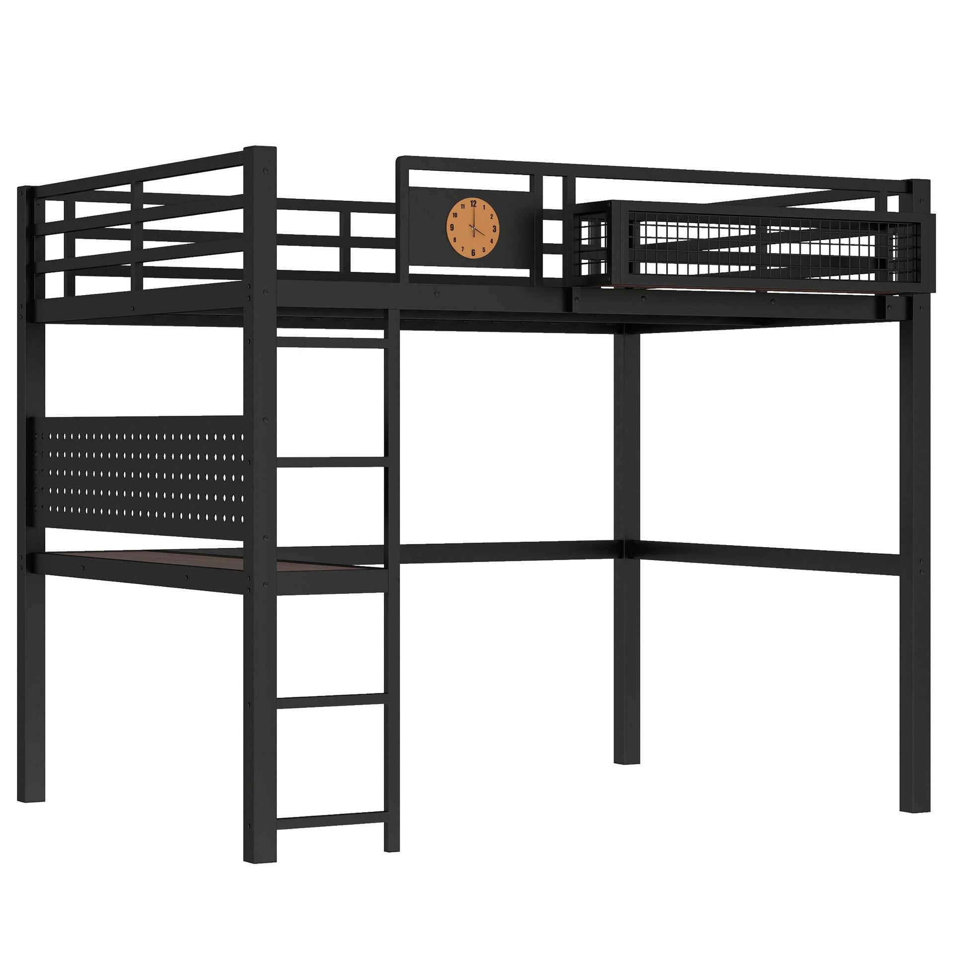 Full Size Loft Bed Frame with Desk and Storage Basket