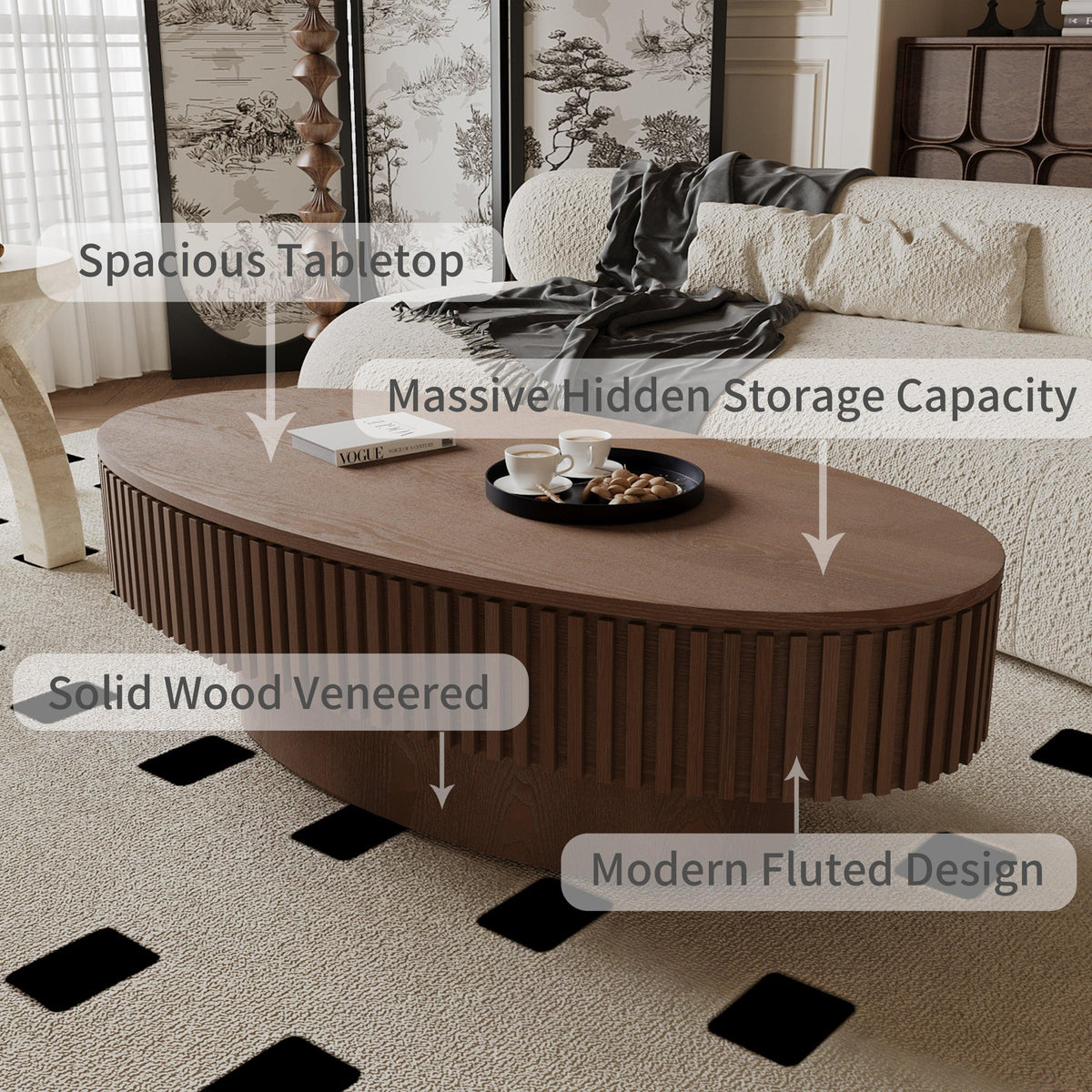 47'' Oval Coffee Table with Storage Solid Wood Veneered Modern Coffee Table Accent Tea Table for Living Room, Bedroom, Apartment or Office, Walnut