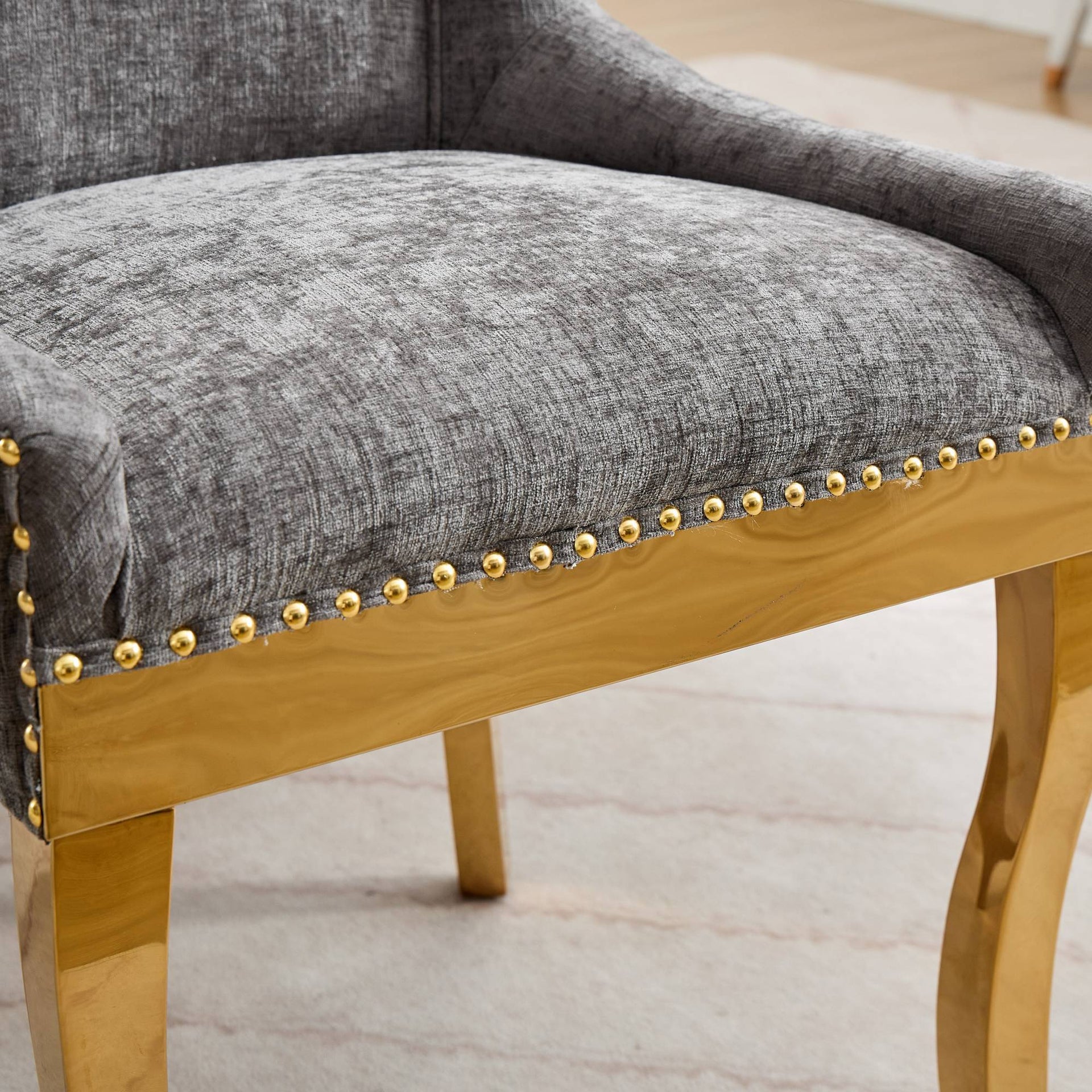 Chenille Dining Chairs Modern Style with Curved Gold-Plated Legs & Rivet Trim