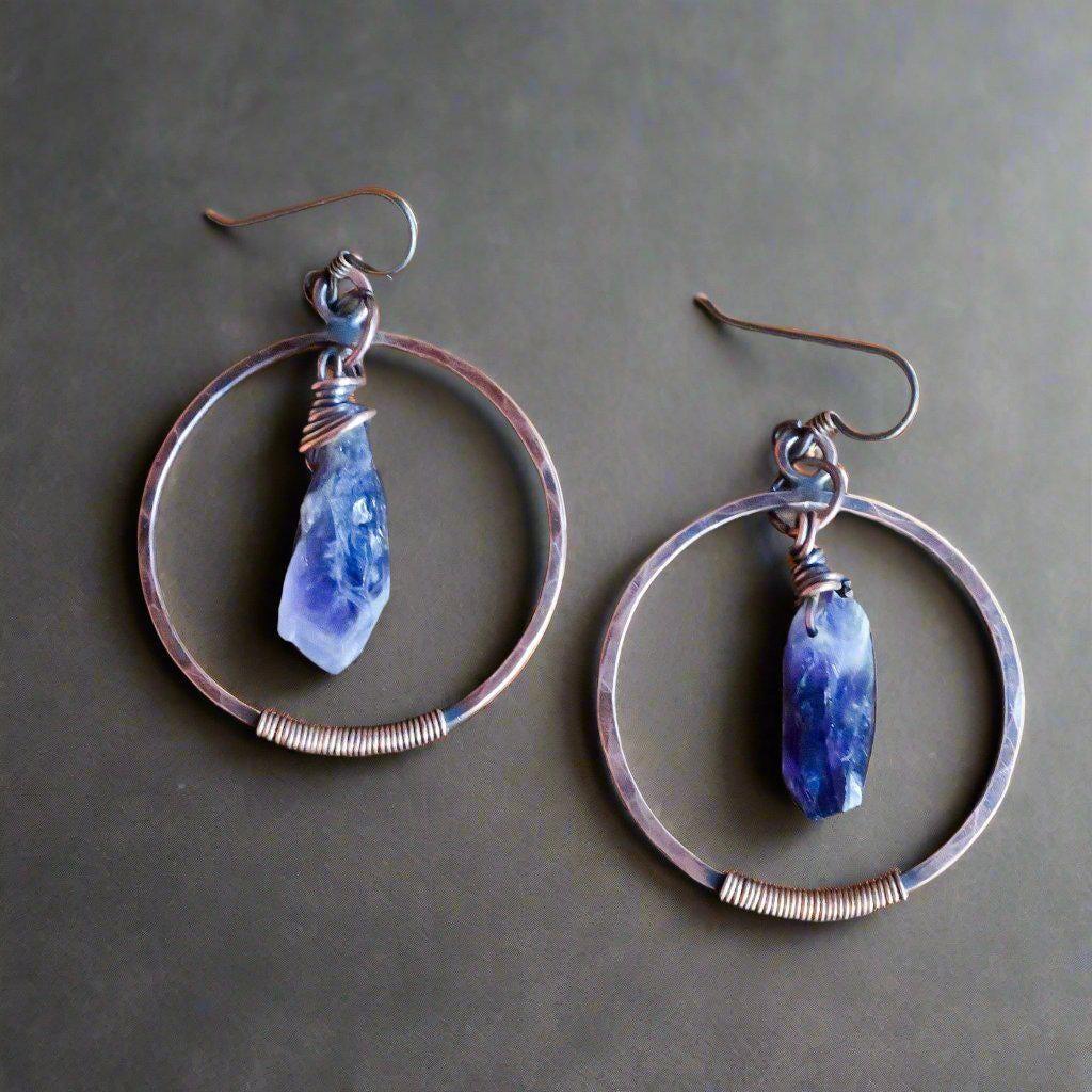 Raw Amethyst Hoops in Copper – Boho | Handmade by Blackbird & Sage