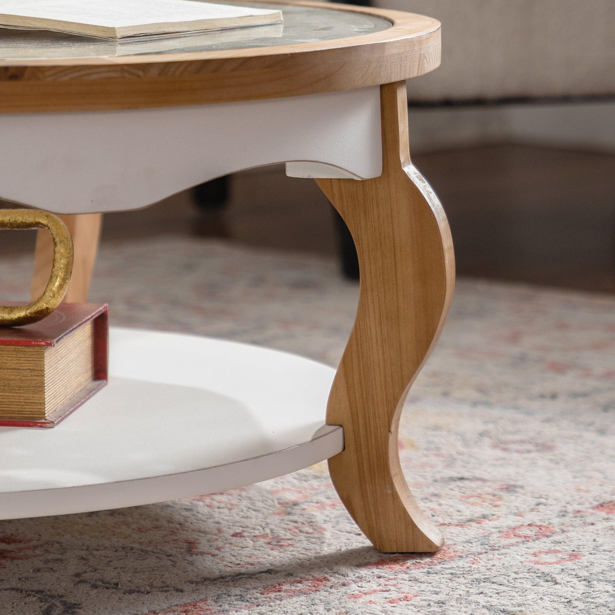 Farmhouse Round Glass Coffee Table with Open Storage Shelf & Antique White Finish