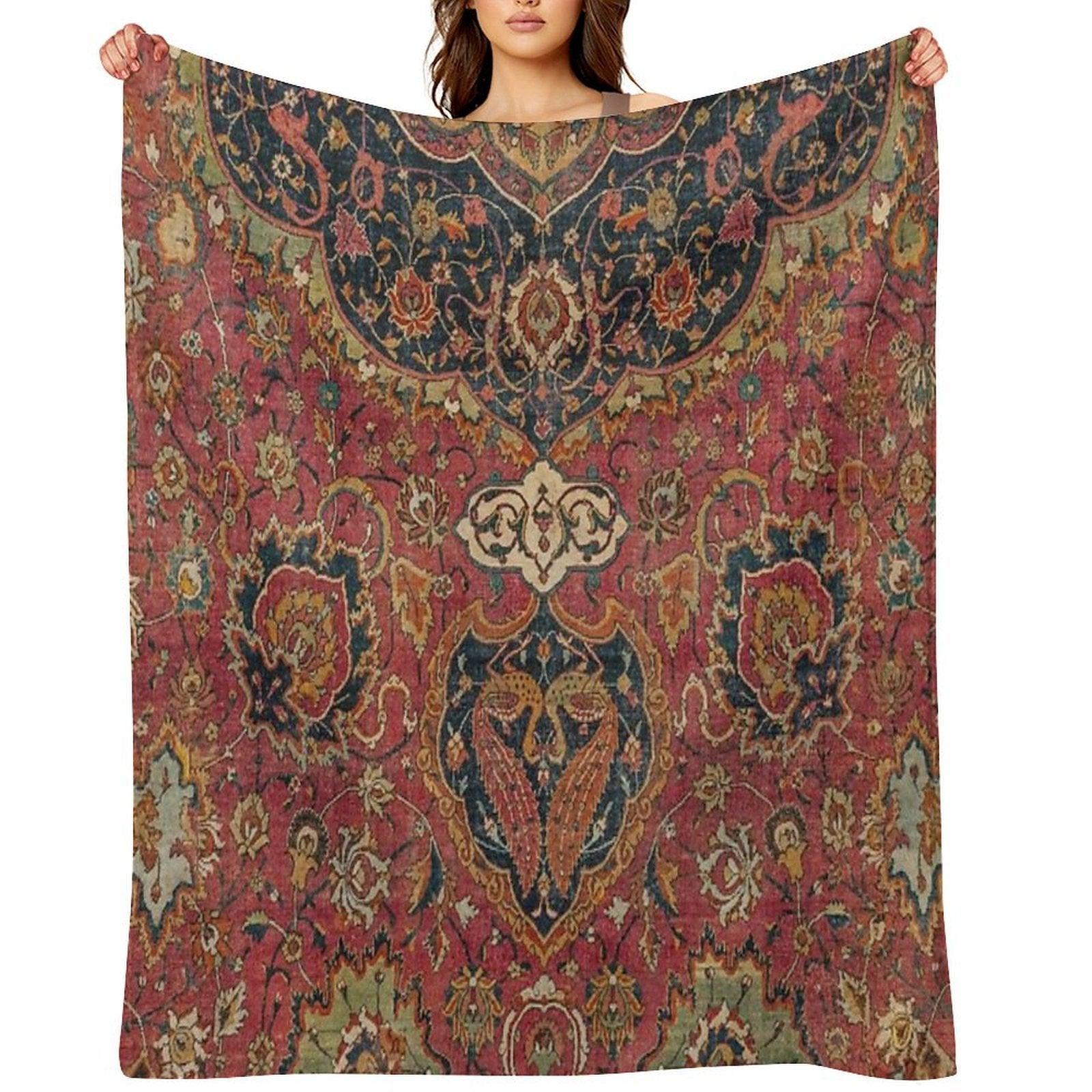 Persian Medallion Rug VIII  16th Century Distressed Red Green Blue Flowery Colorful Ornate Pattern Throw Blanket