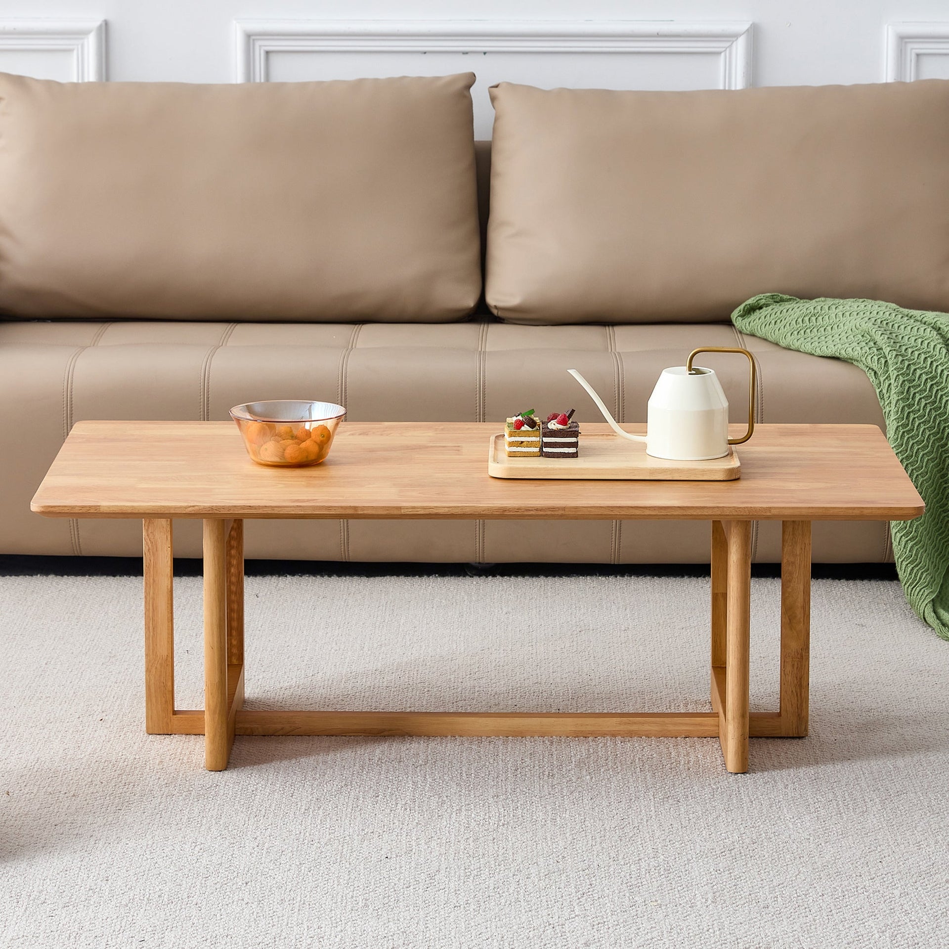Natural Rubberwood and Solid Wood Coffee Table with Rattan Weave, Modern Minimalist