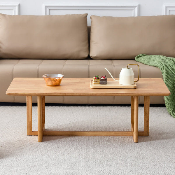 Natural Rubberwood and Solid Wood Coffee Table with Rattan Weave, Modern Minimalist