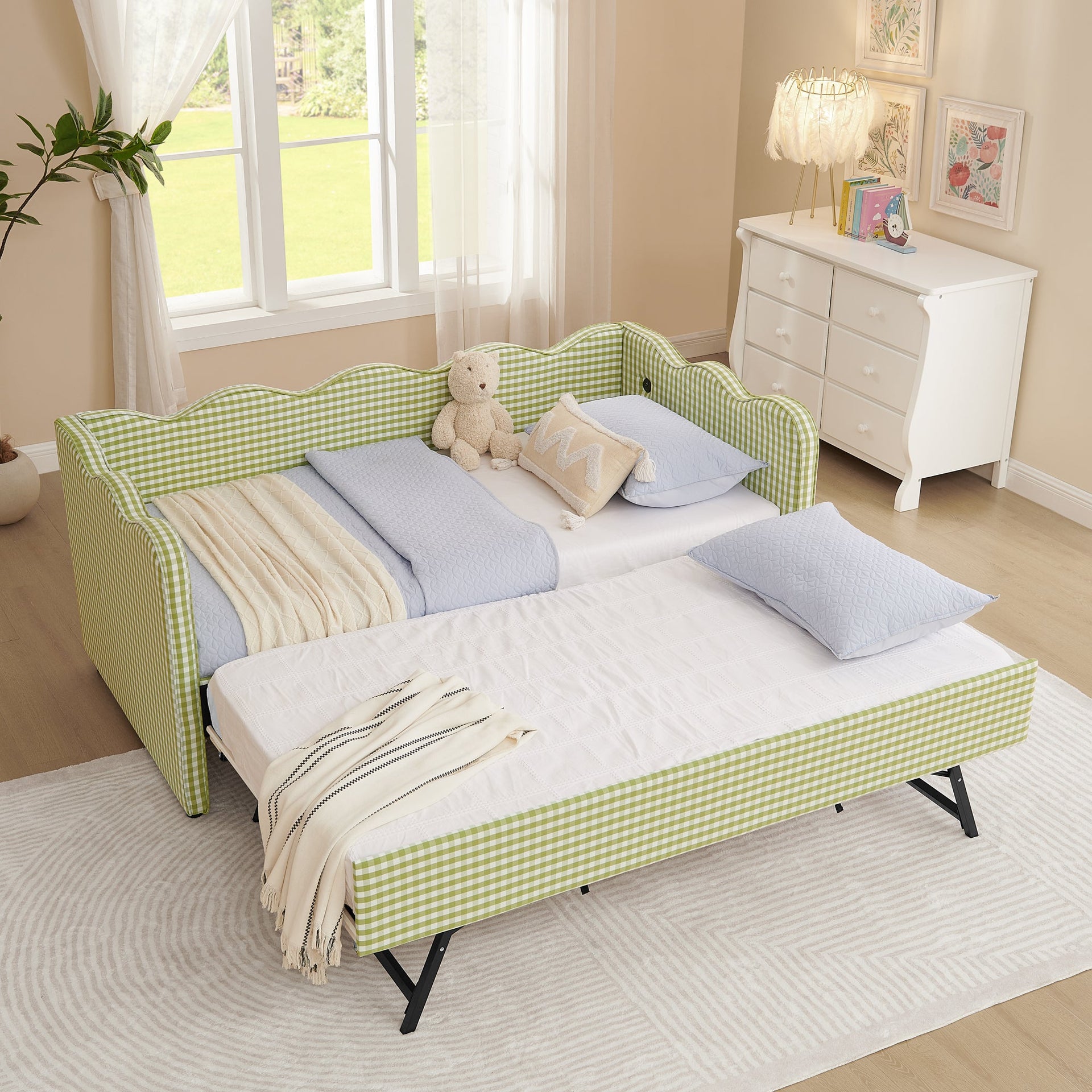 Cozy Gingham Daybed with Trundle - Twin Size Sofa Bed