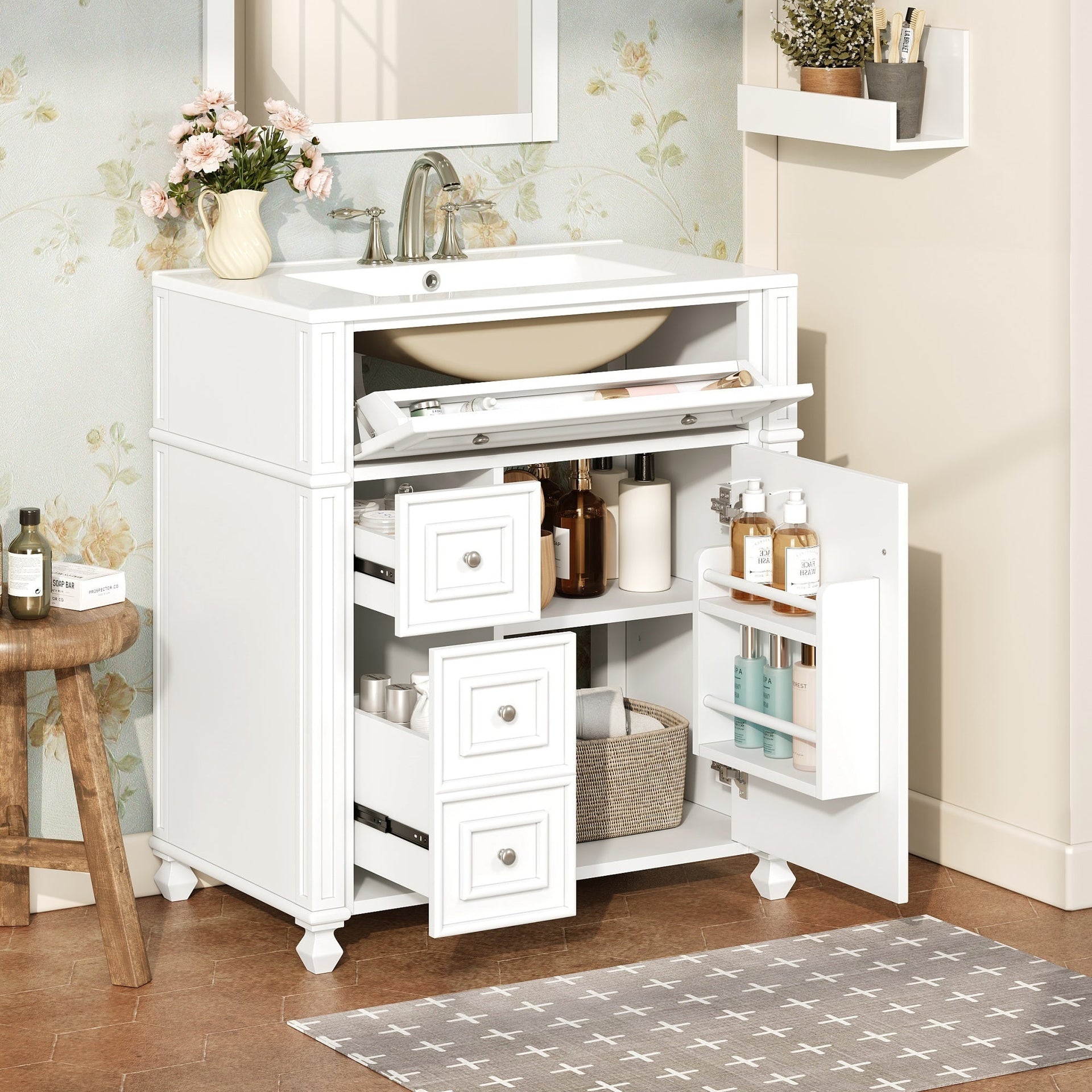 Bathroom Vanity with Ceramic Sink Basin, Cabinet with Soft-Close Doors and Organizer
