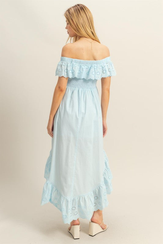 High-Low Eyelet Ruffled Off-Shoulder Dress For Summer – Fluttering, Flirty and Feminine Off-Shoulder Dress with Eyelet Detailing and High-Low Hem