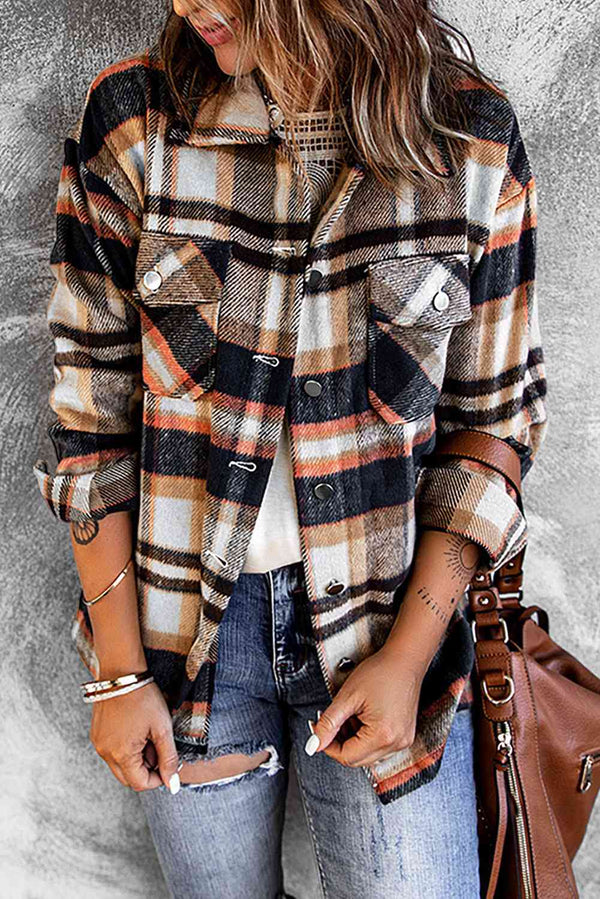 Classic Plaid Button Front Shirt Jacket with Breast Pockets Casual & Minimalist Outerwear