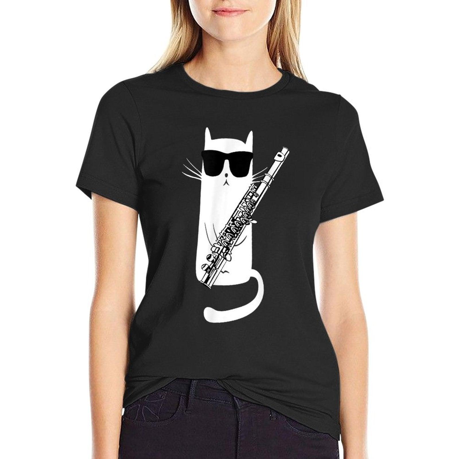 Funny Cat Wearing Sunglasses Playing Flute T-Shirt