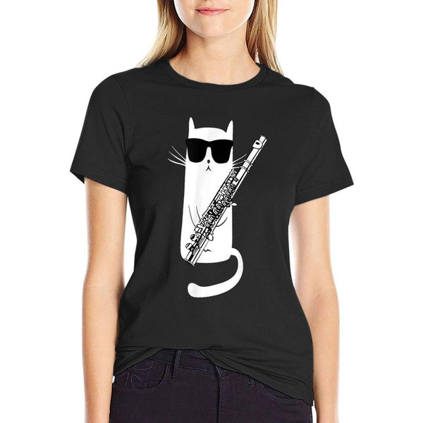 Funny Cat Wearing Sunglasses Playing Flute T-Shirt