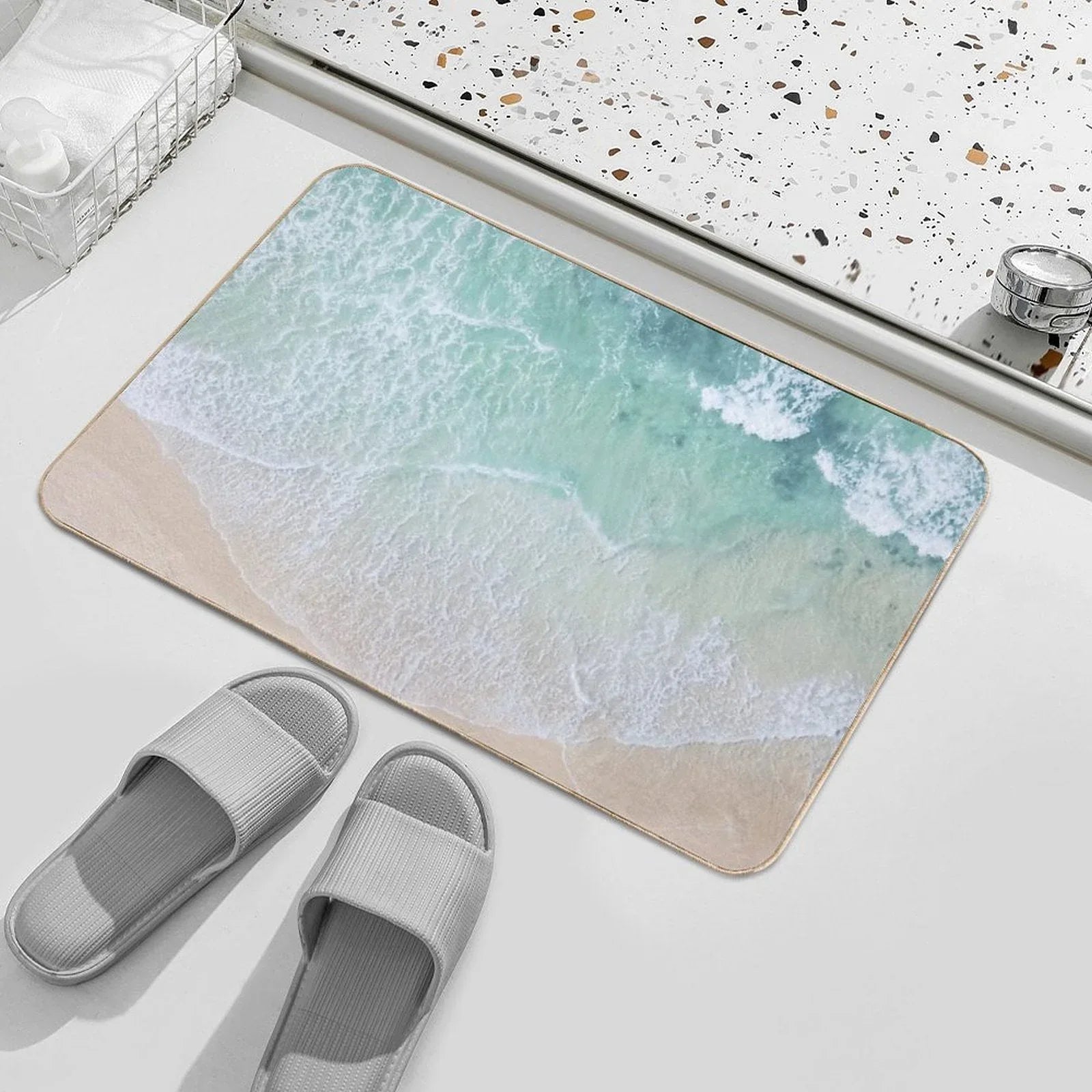 Green And White Lace Beach Sand And Seashore Waves Bath Mat