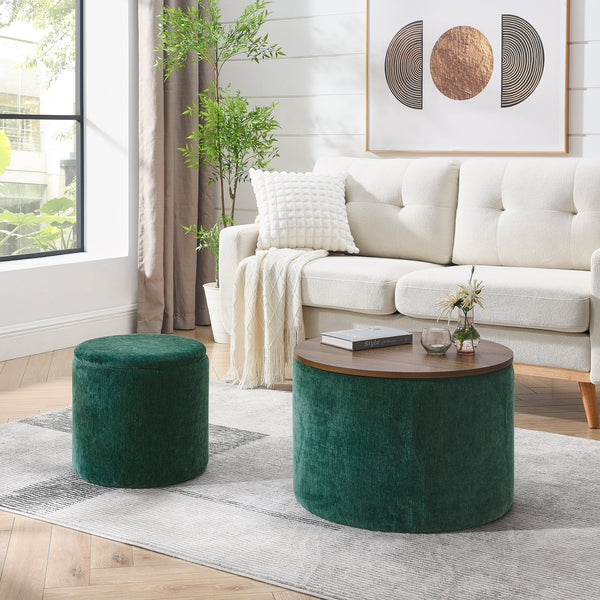 2-Piece Round Chenille Storage Ottoman Set with Drum Stool and MDF Desktop Panel