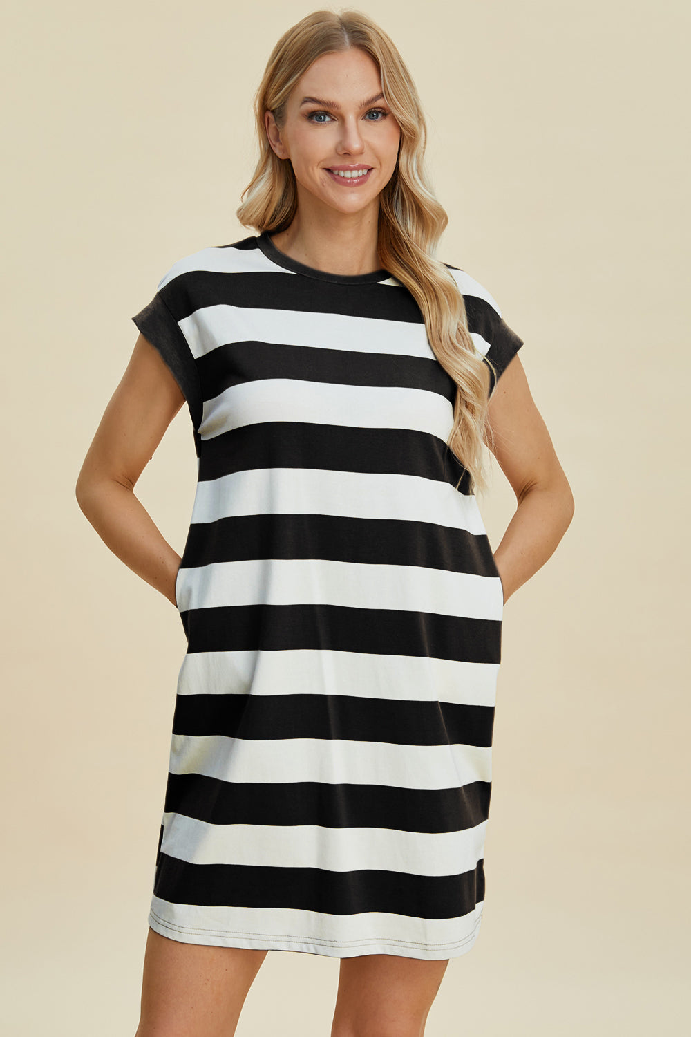 Full Size Striped Round Neck Cap Sleeve Mini Dress For Women – Striped Mini Dress, Full-Size Round Neck Dress, Comfortable Cap Sleeve Dress, Chic Striped Dress, Flattering Mini Dress, Casual Everyday Dress, Versatile Striped Dress