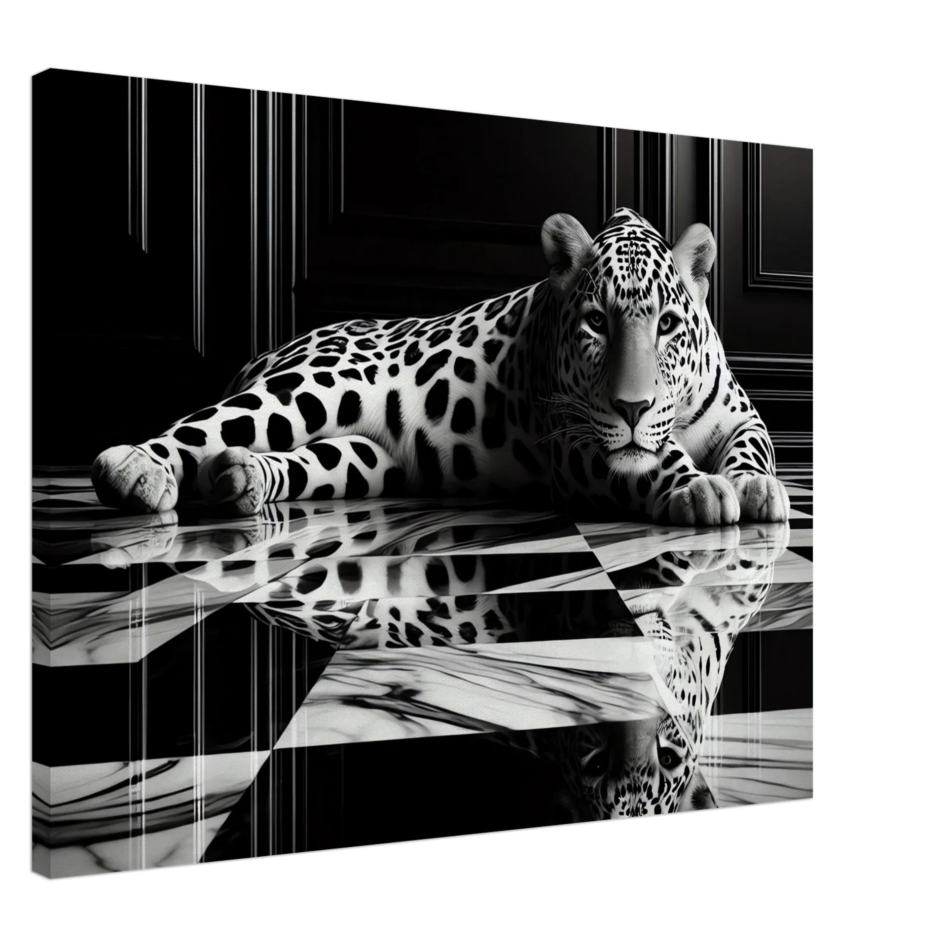 Leopard Canvas Art Print – Striking Design on Black & White Checkered Marble Floor