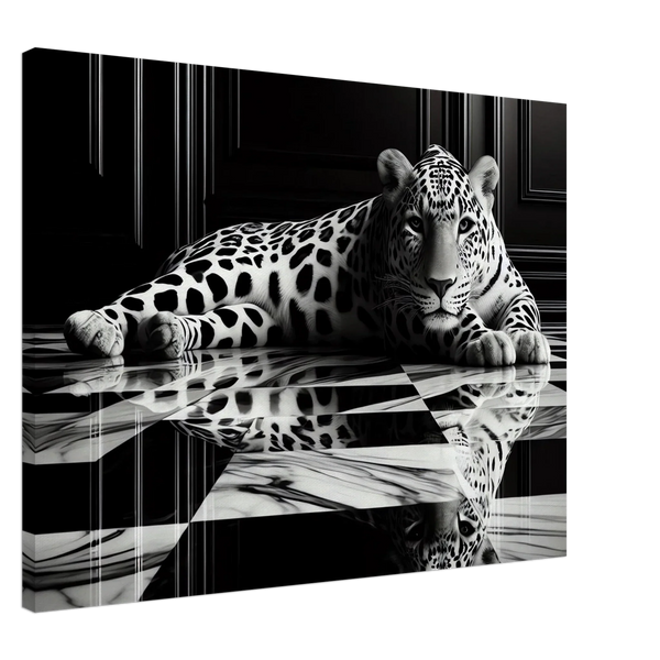 Leopard Canvas Art Print – Striking Design on Black & White Checkered Marble Floor