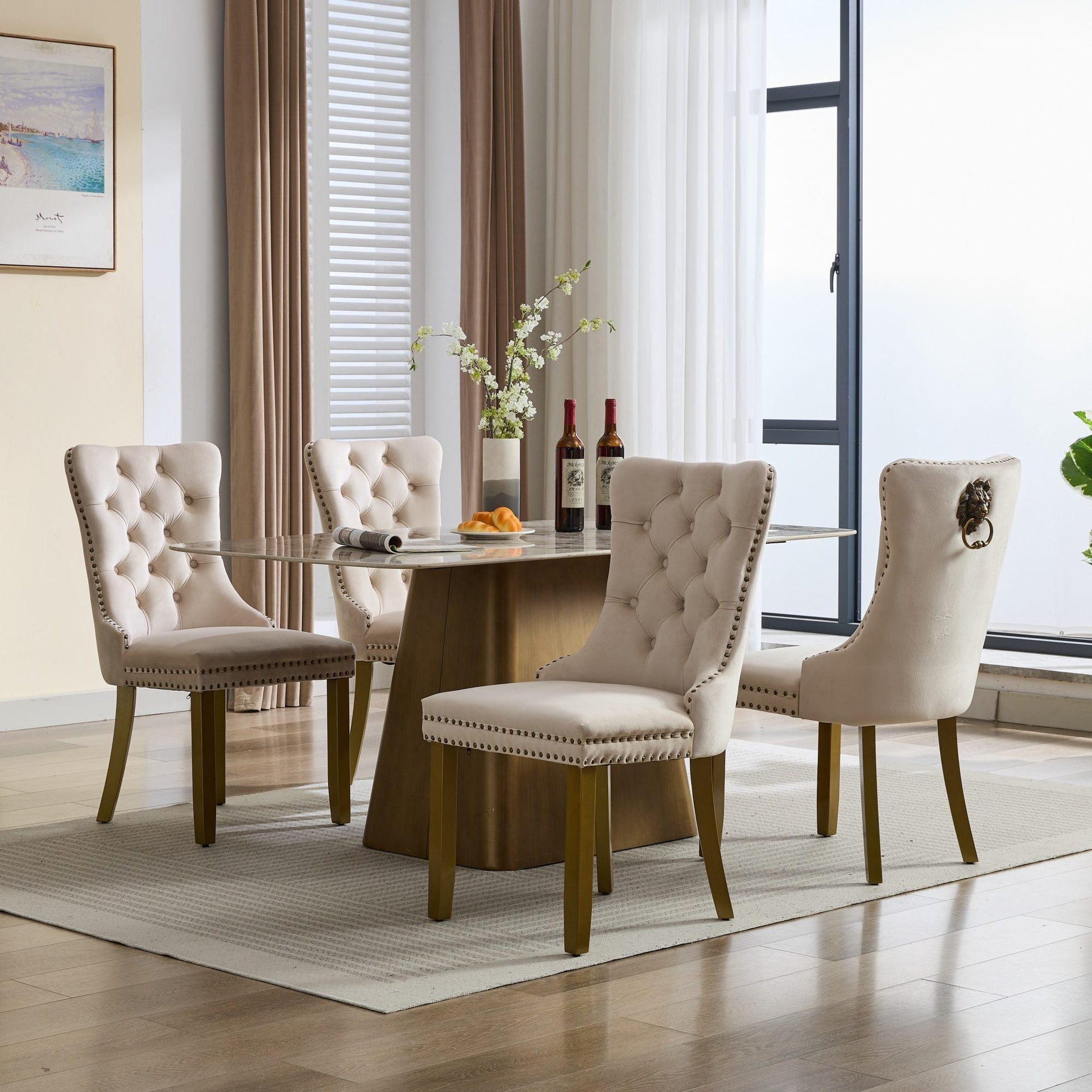 Mid-Century Modern Tufted Velvet Dining Chairs with Lion Head Pull Ring and Nailhead Trim