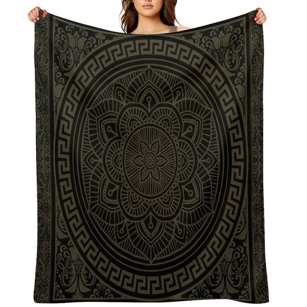 Ornate Baroque Army Green Black Meander Greek Key Flower Premium Throw Blanket