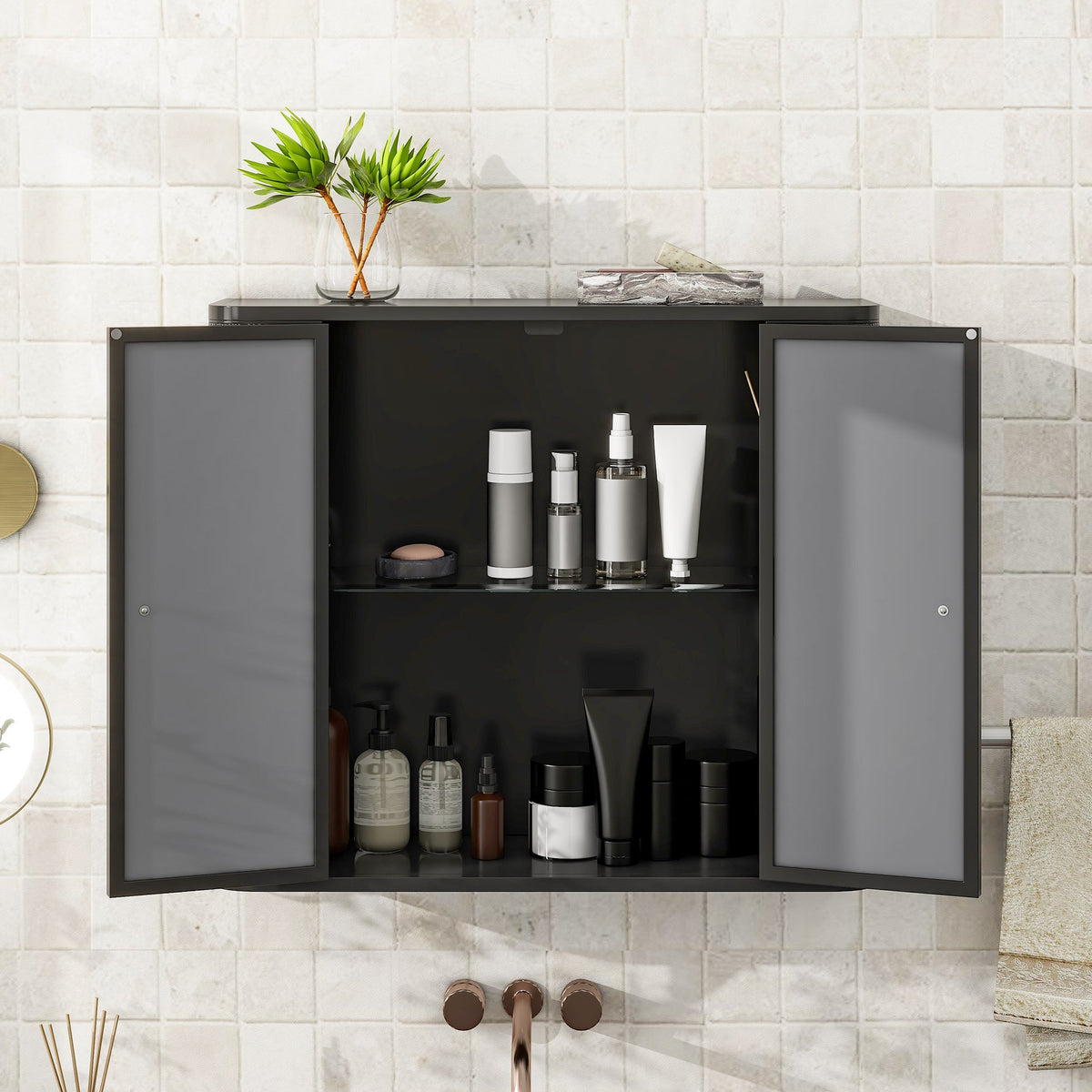 Black Wall-Mounted Bathroom Cabinet with Mirror