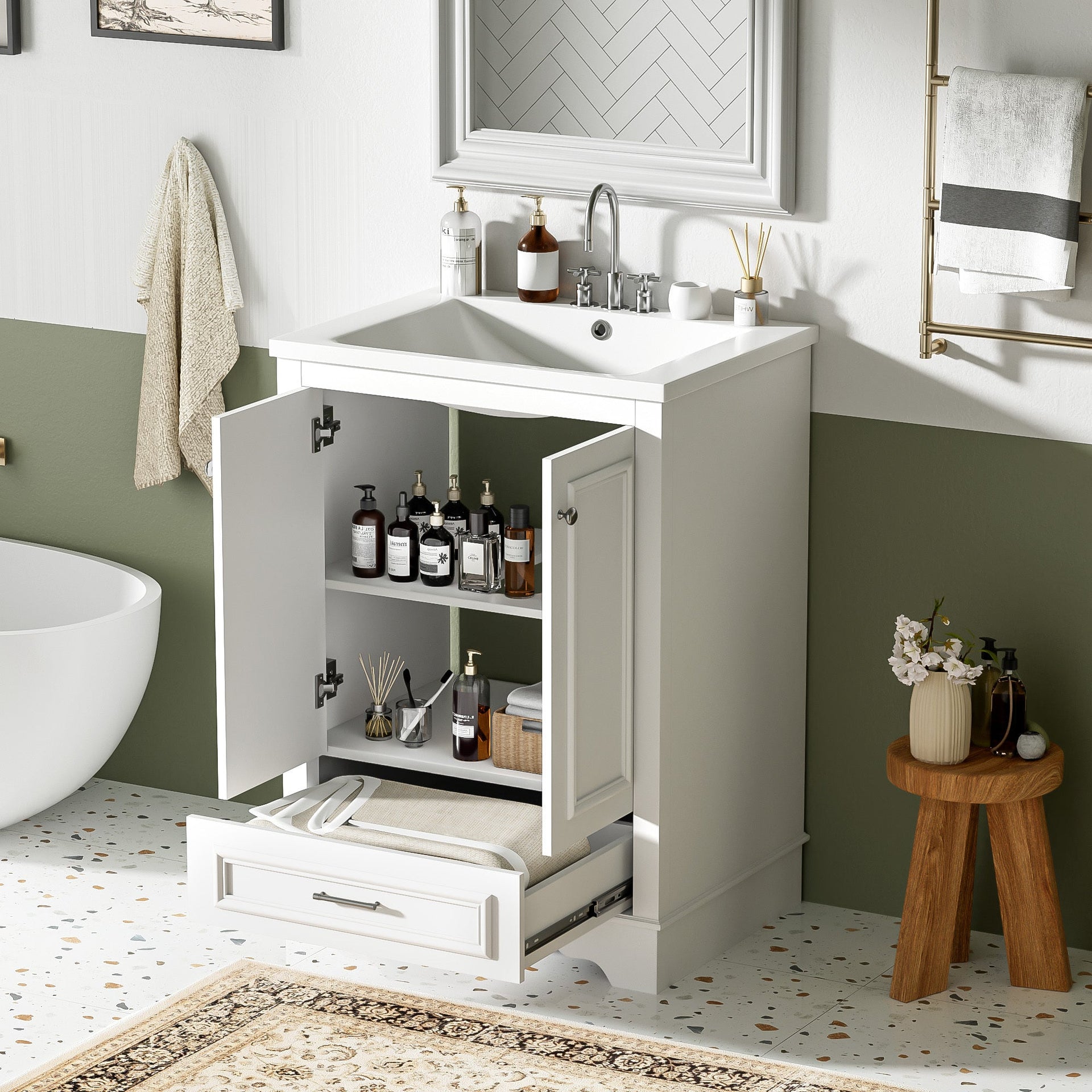 Bathroom Vanity with Ceramic Sink and Modern Freestanding Storage Cabinet, Soft-Close Doors