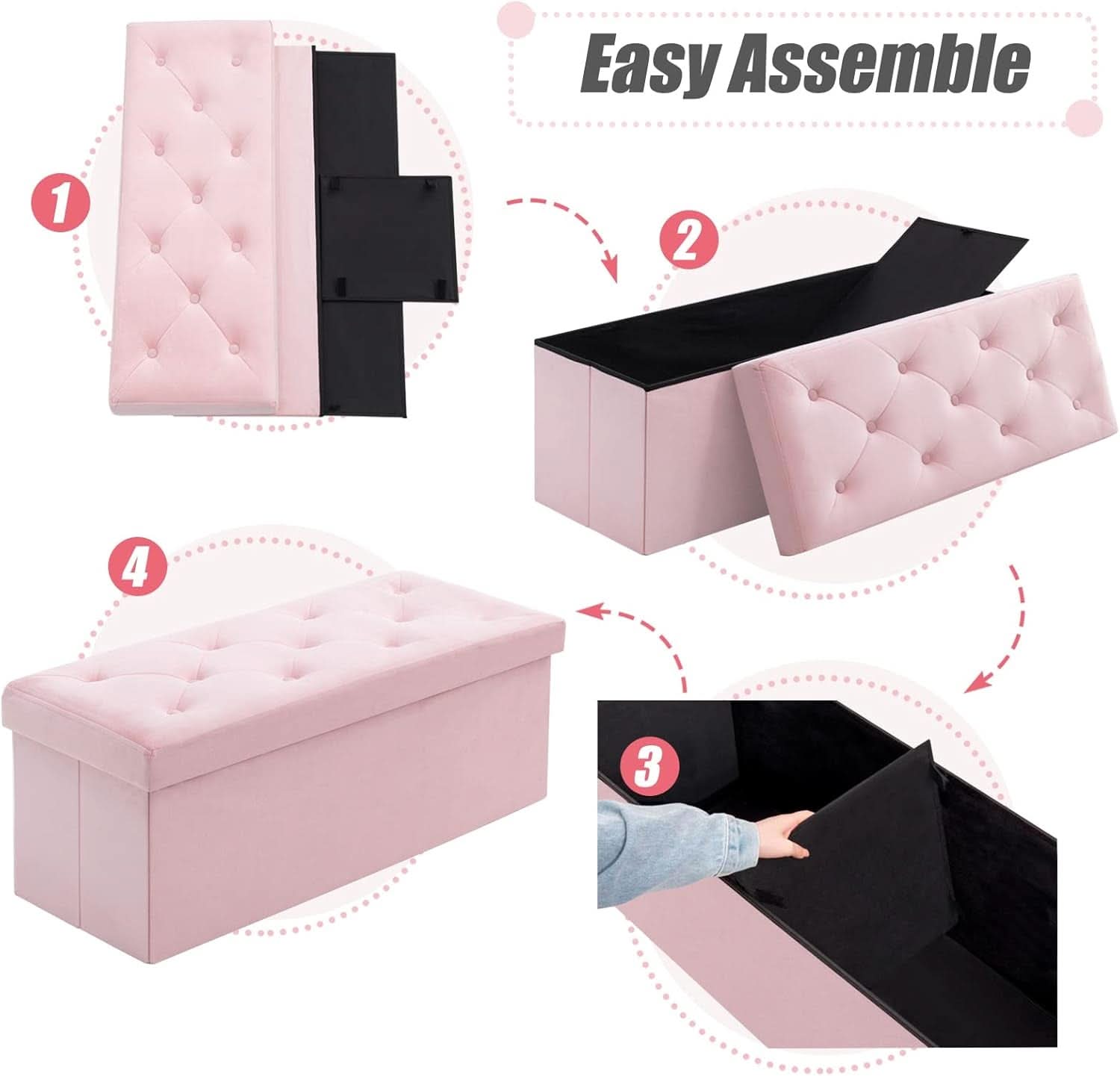 Pink 43 Inch Velvet Lux Foldable Storage Ottoman Bench