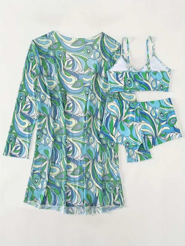 Modern Geo 3-Piece Bikini Set – Vibrant Geometric Print Fluttering Swimwear with V-Neck Top Boxer Shorts Bottoms and Long Sleeve Cover Shirt – Comfortable High-Stretch Women’s Beachwear for Pool & Summer Vacations