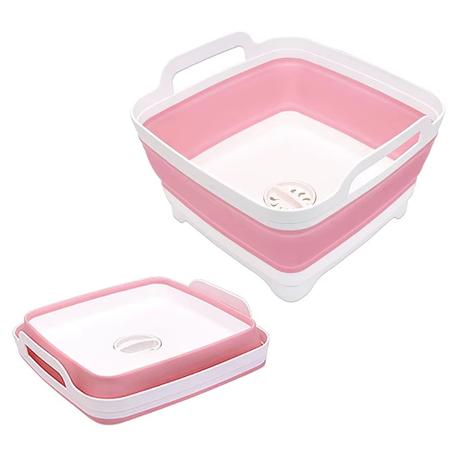 9 Liter Collapsible Plastic Vegetable Wash Basin with Drain Plug for Dish Storage, Vegetable and Fruit Washing, Chill Bucket