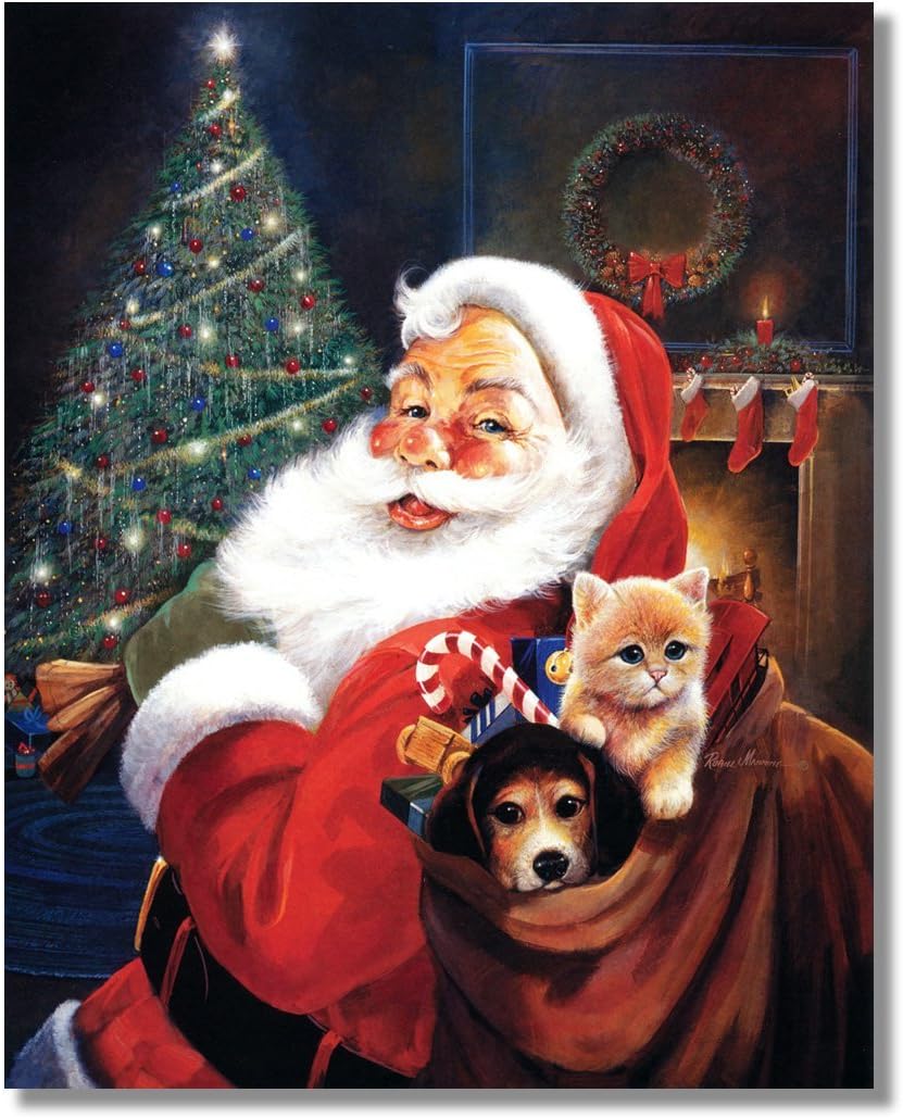 Santa Claus Wall Art - Unframed 8x10 Art Print with Dog and Cat Picture
