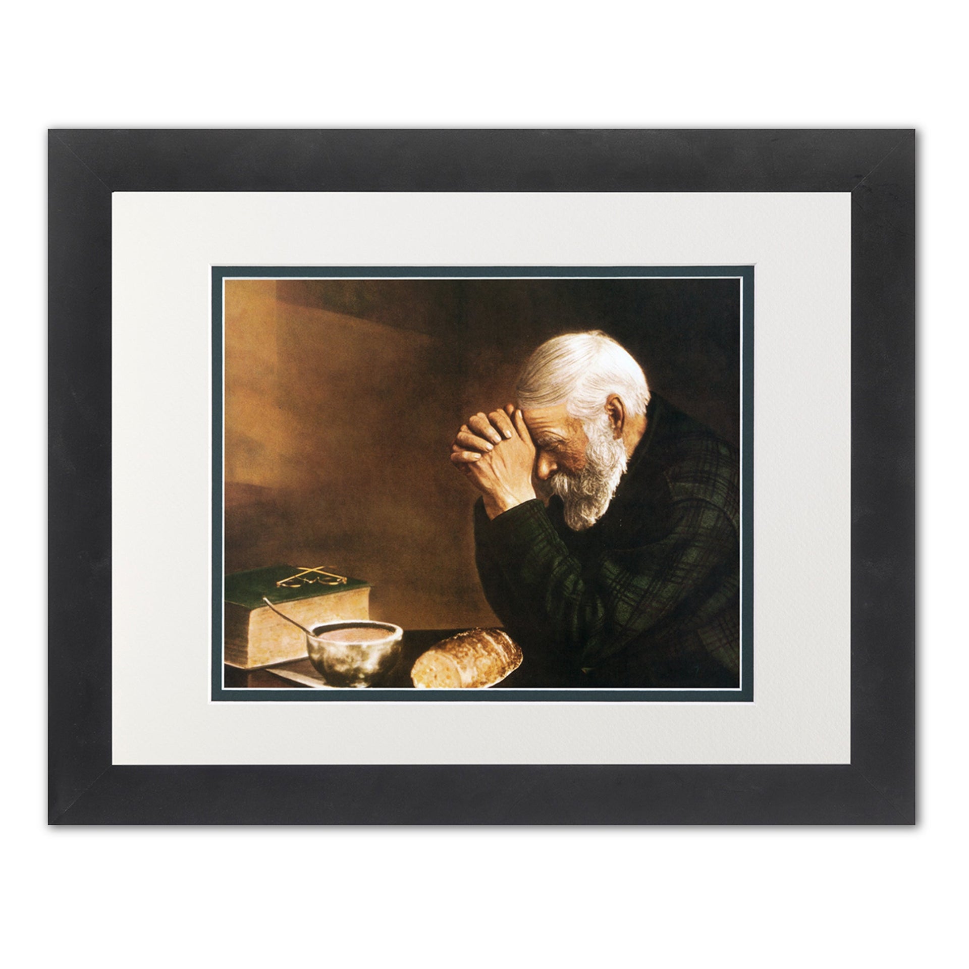 Framed Art Print – Daily Bread Man Praying at Table Grace | Black Wood Frame 13x16