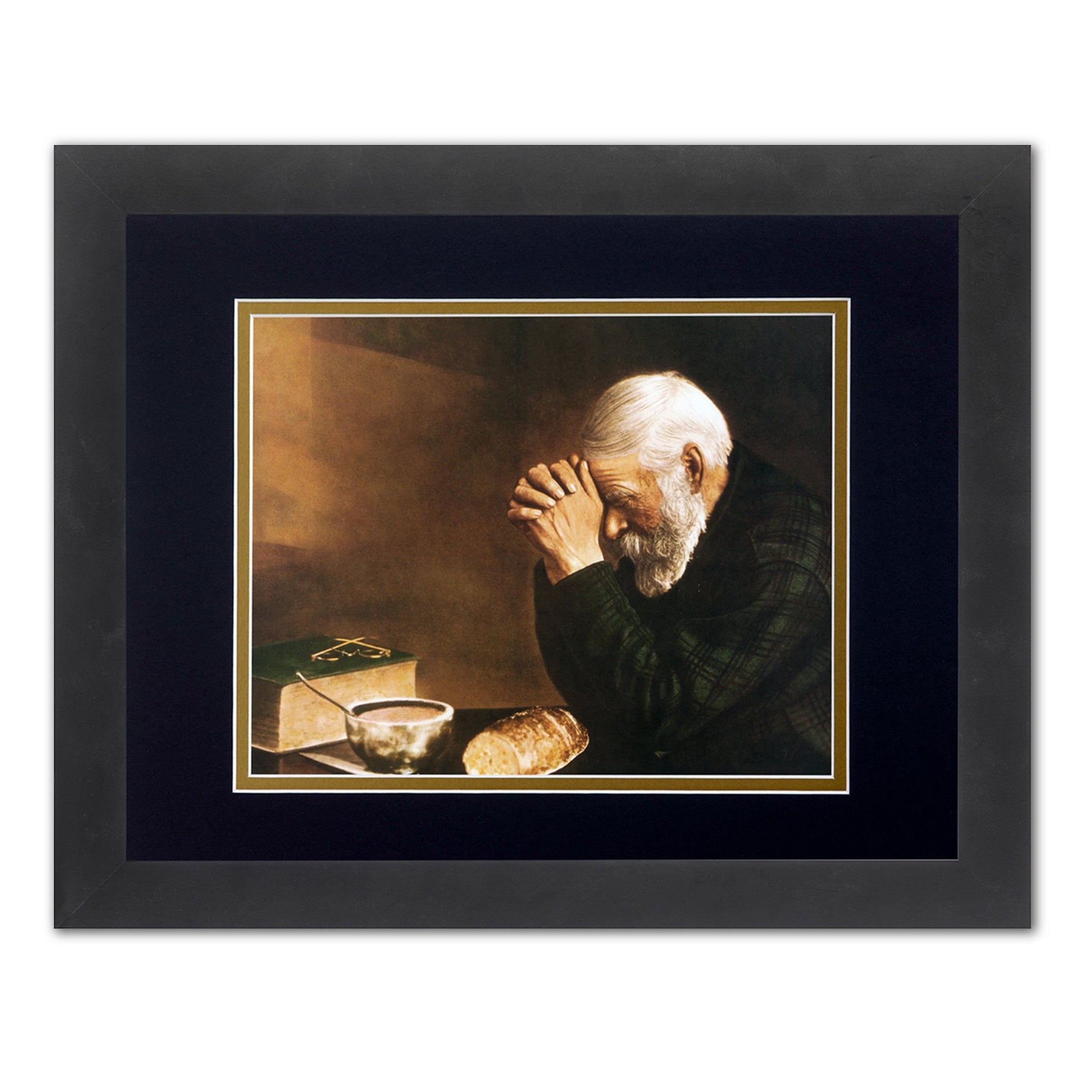 Framed Art Print – Daily Bread Man Praying at Table Grace | Black Wood Frame 13x16