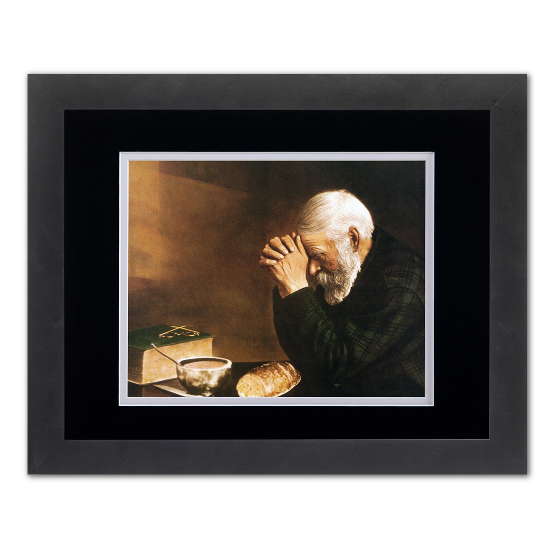 Framed Art Print – Daily Bread Man Praying at Table Grace | Black Wood Frame 13x16