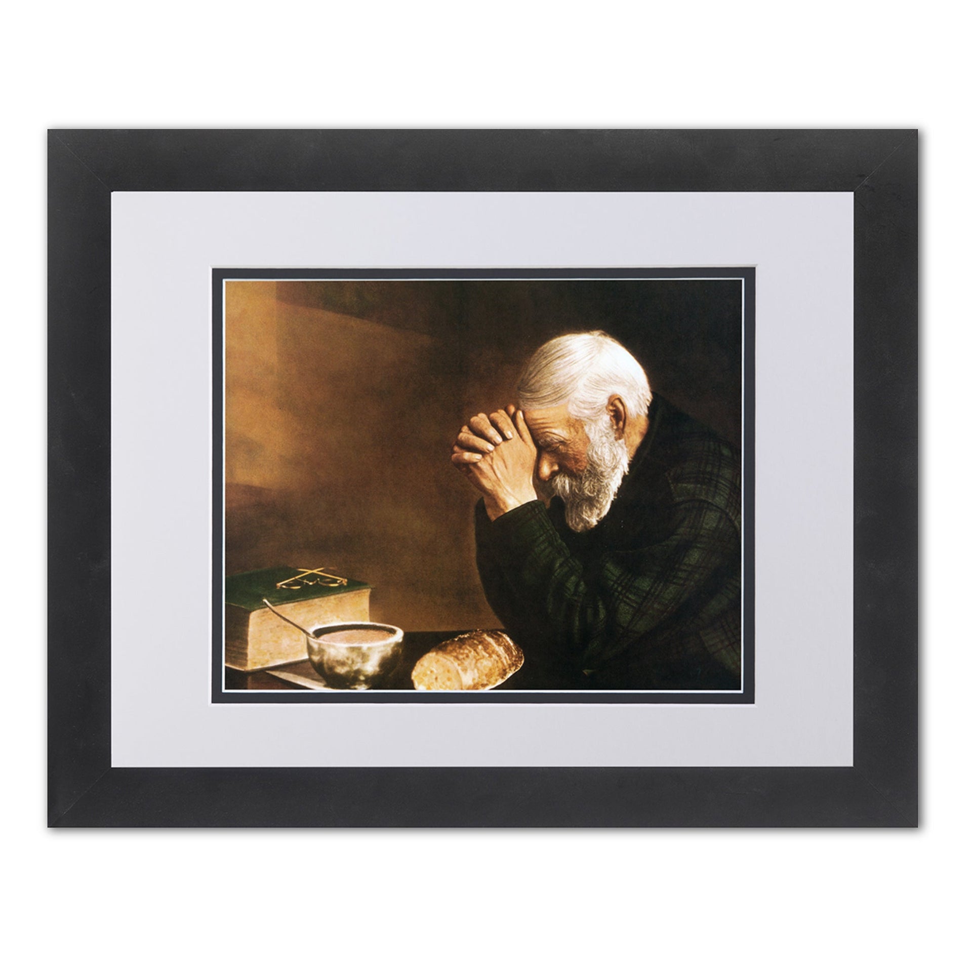 Framed Art Print – Daily Bread Man Praying at Table Grace | Black Wood Frame 13x16