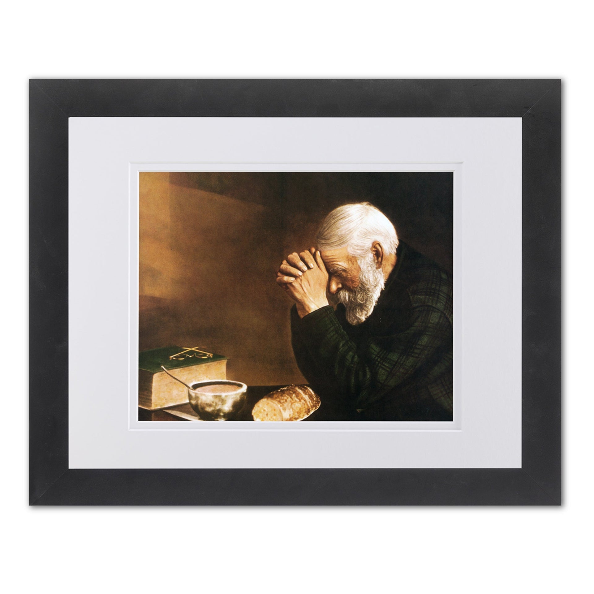 Framed Art Print – Daily Bread Man Praying at Table Grace | Black Wood Frame 13x16