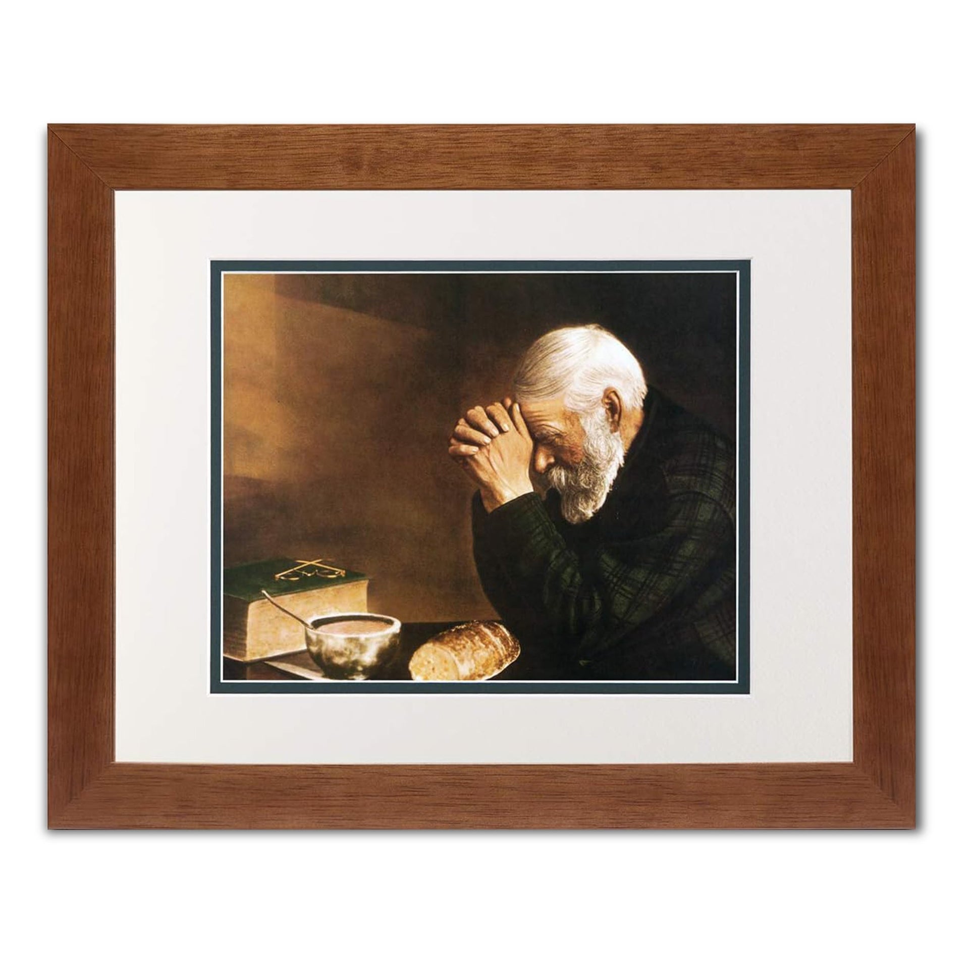 Framed Art Print – Daily Bread Man Praying at Table Grace with Honey Wood Frame