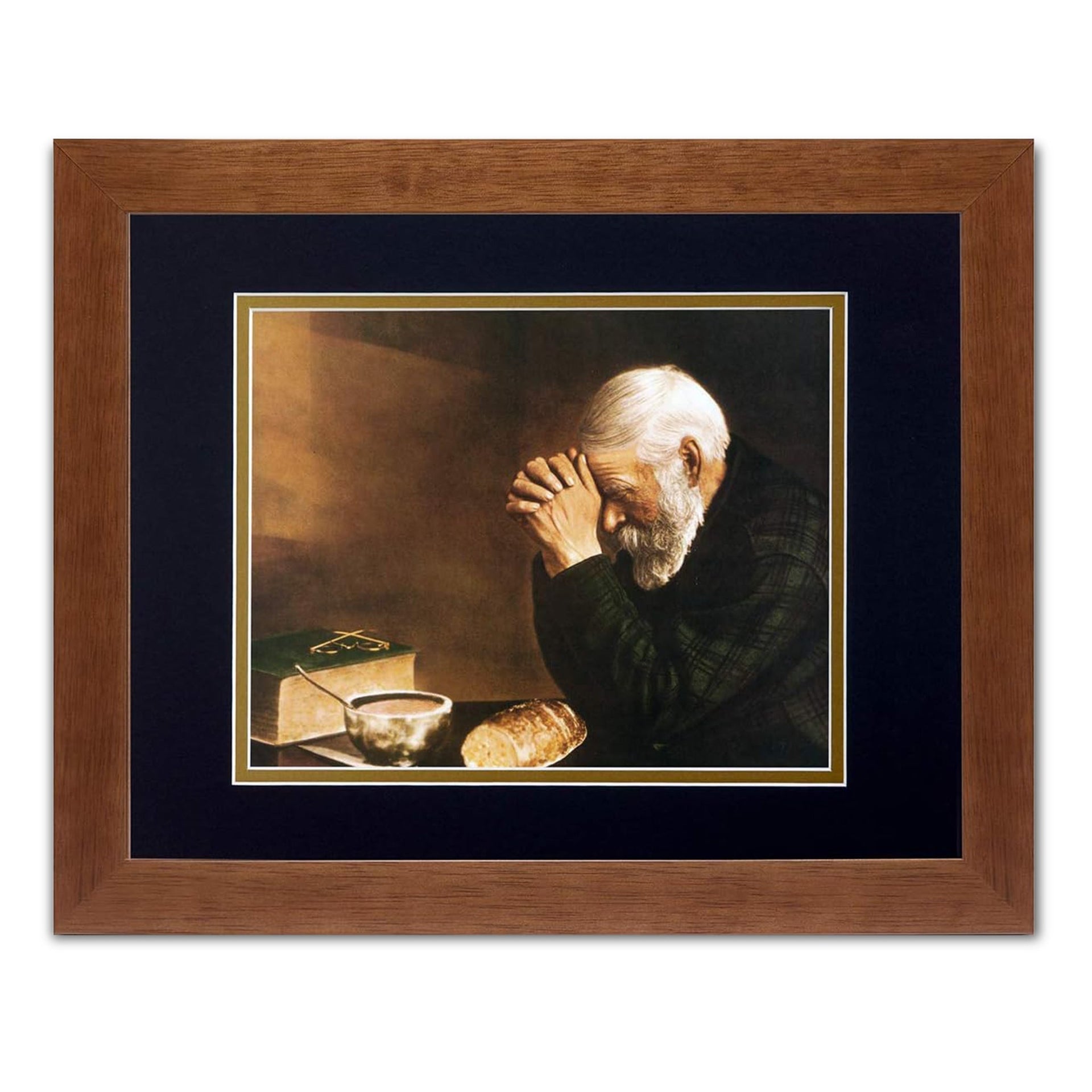 Framed Art Print – Daily Bread Man Praying at Table Grace with Honey Wood Frame