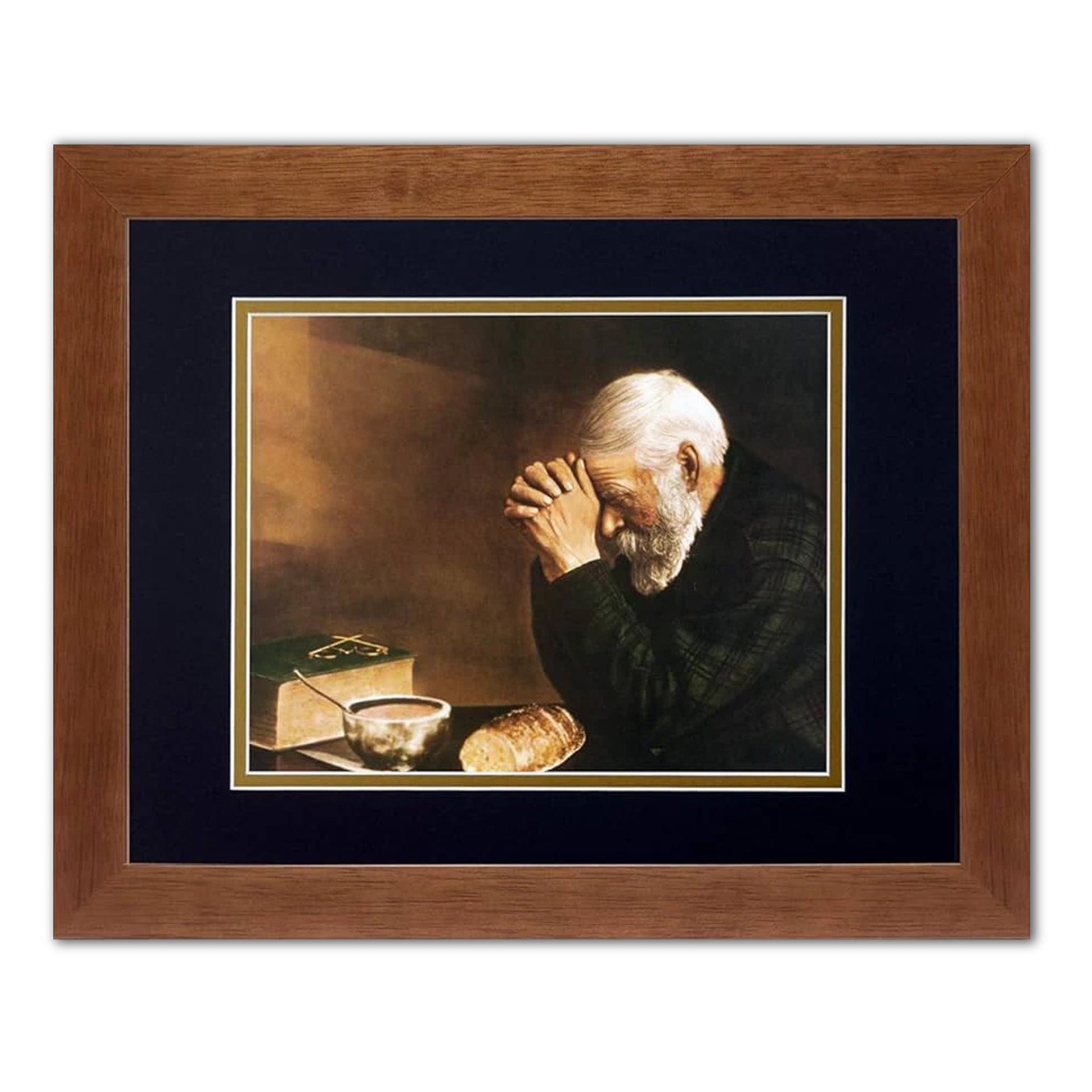 Religious Framed Art – Daily Bread Man Praying Table Grace with Wood Frame, Black Gold Mat