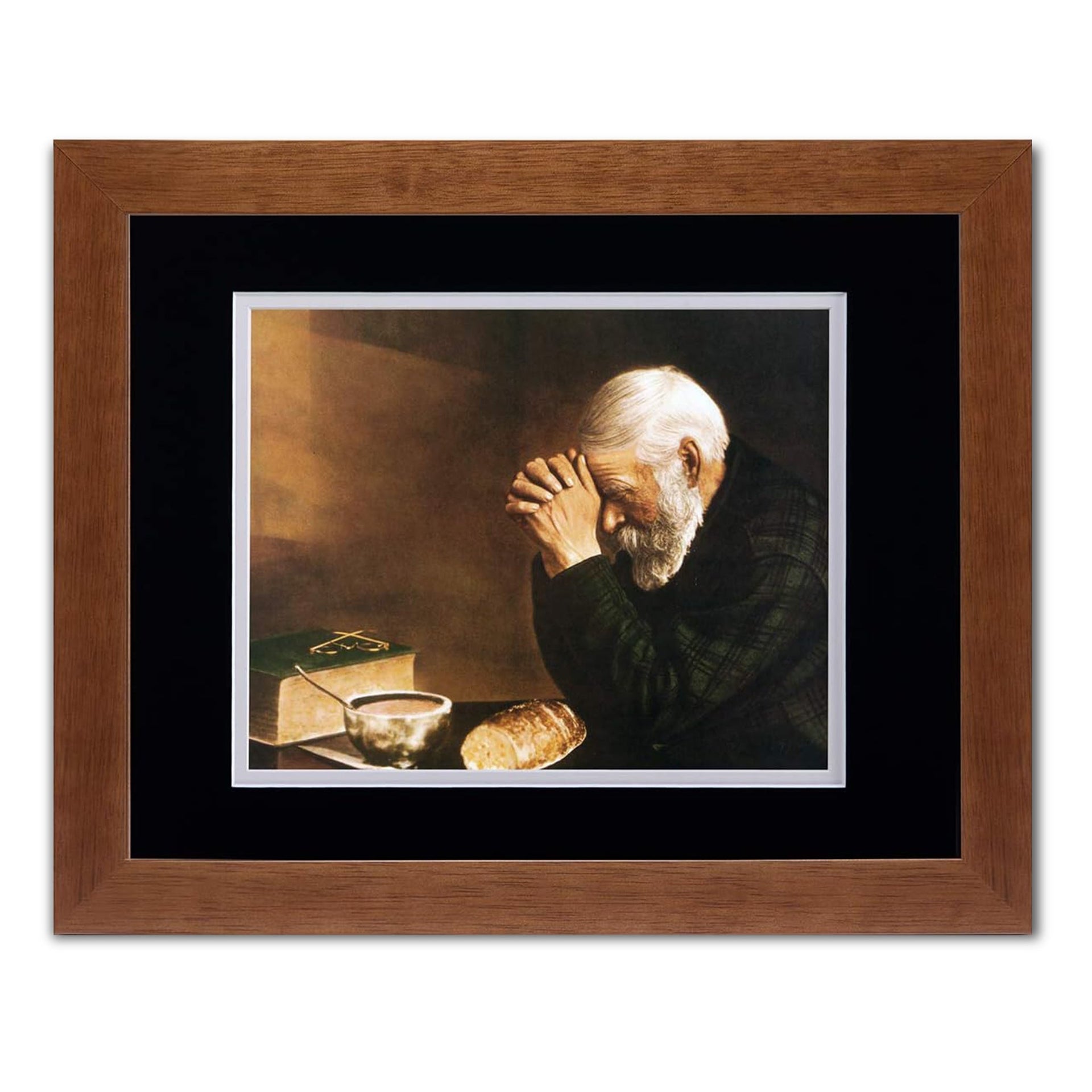 Framed Art Print – Daily Bread Man Praying at Table Grace with Honey Wood Frame