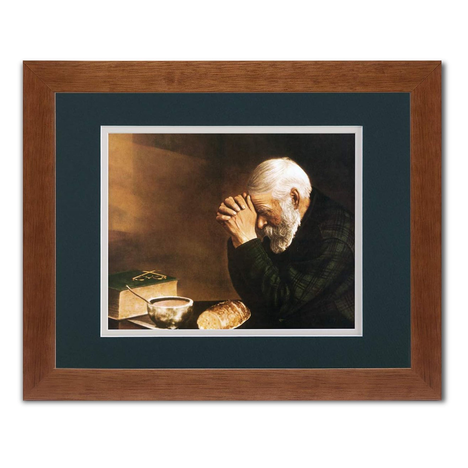 Framed Art Print - Daily Bread Man Praying at Table | Honey Finish Wood Frame