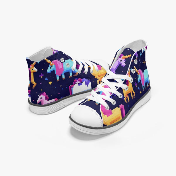 High-top sneakers with colorful unicorn pattern on a white background