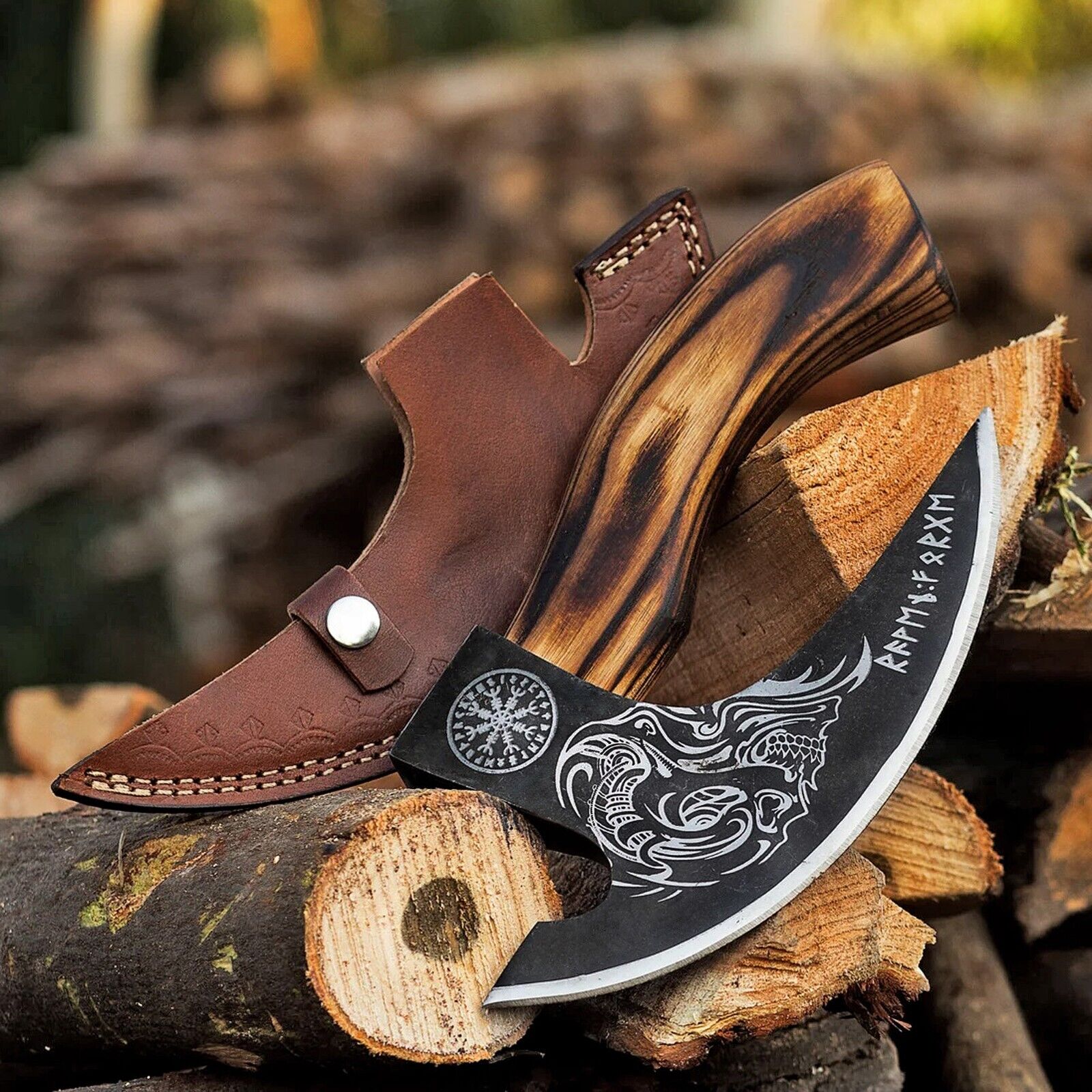 Custom Hand-Engraved Pizza Axe with 8-Inch J2 Steel Blade and Wooden Handle