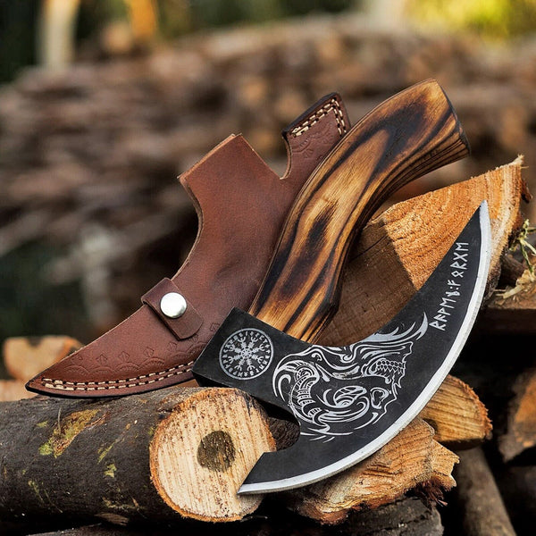 Custom Hand-Engraved Pizza Axe with 8-Inch J2 Steel Blade and Wooden Handle