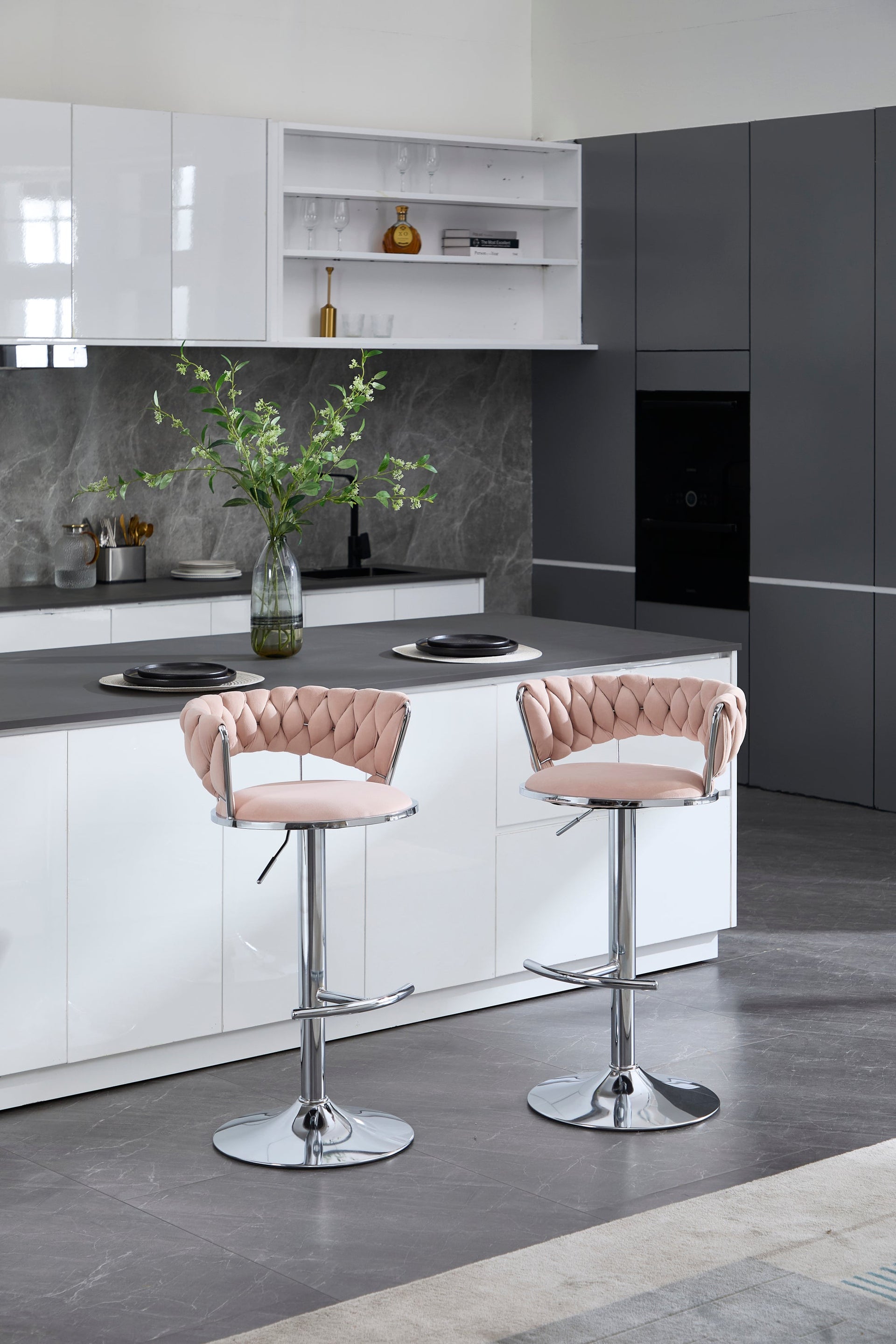 Set of 2 Bar Stools with Chrome Footrest & Base Swivel Height Adjustable Velvet