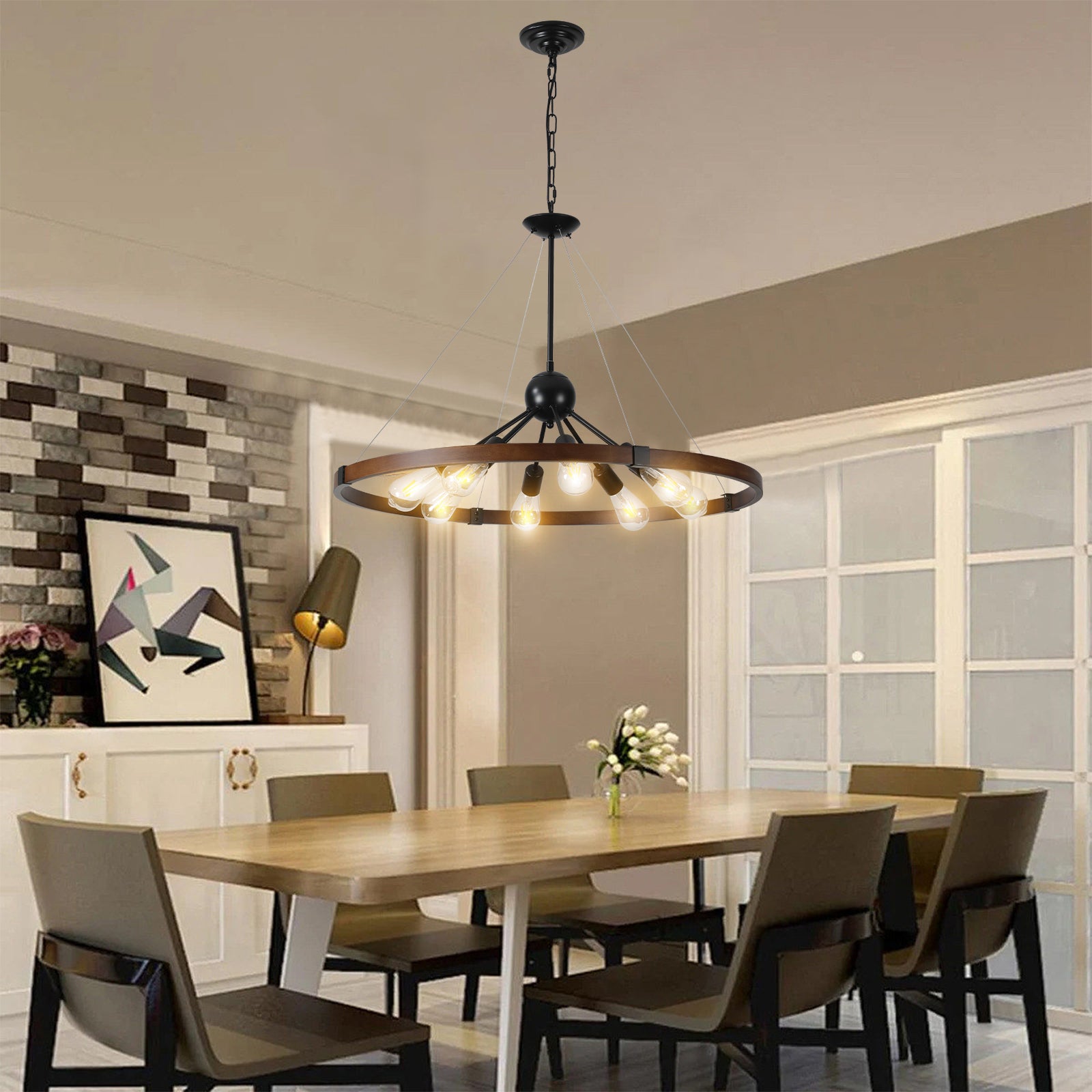(Same as W1340111208/L1012) 8-Light Retro Farmhouse Chandelier For Kitchen, Living room, Dining room Red and Walnut(No Bulbs)