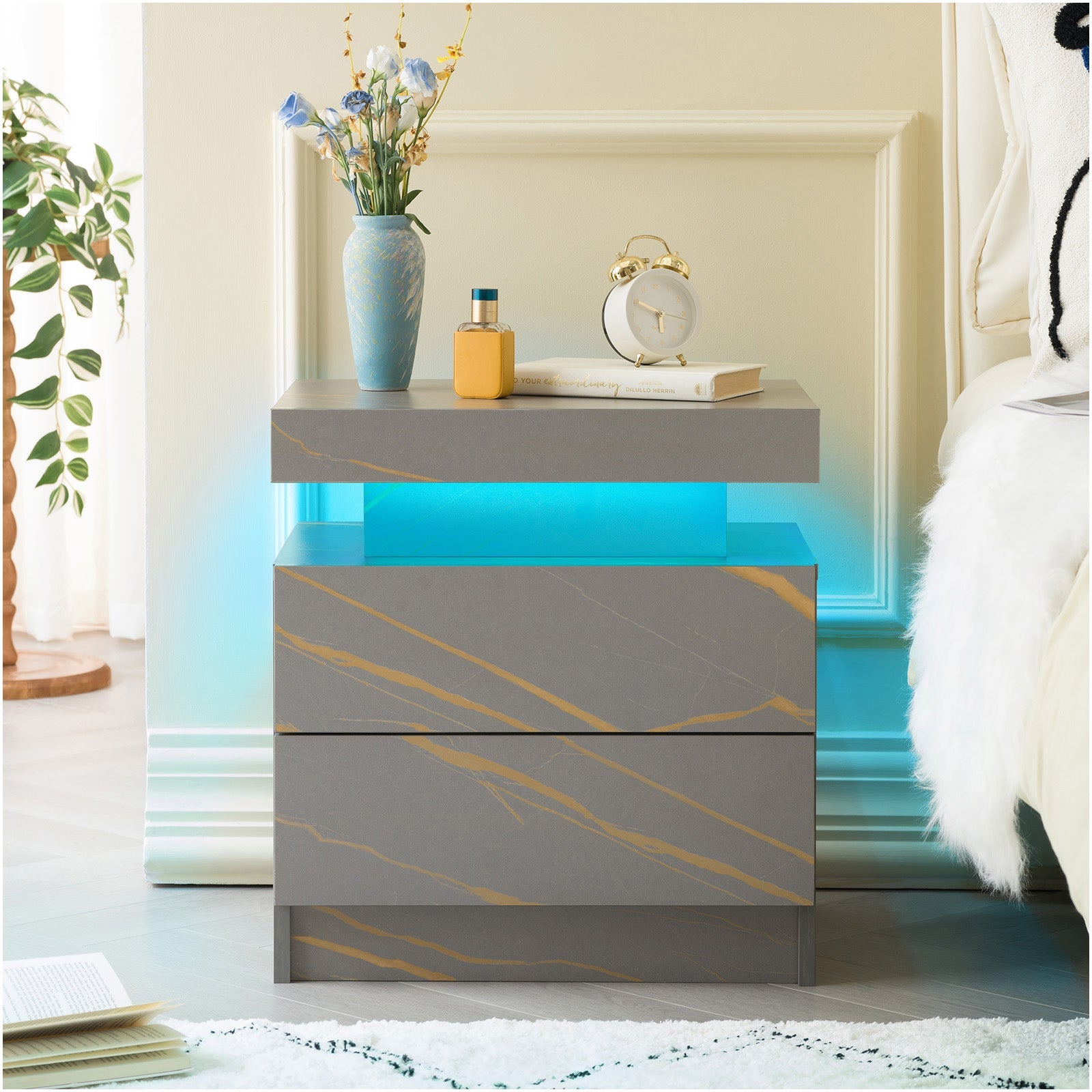 Modern LED Nightstand with 2 Drawers
