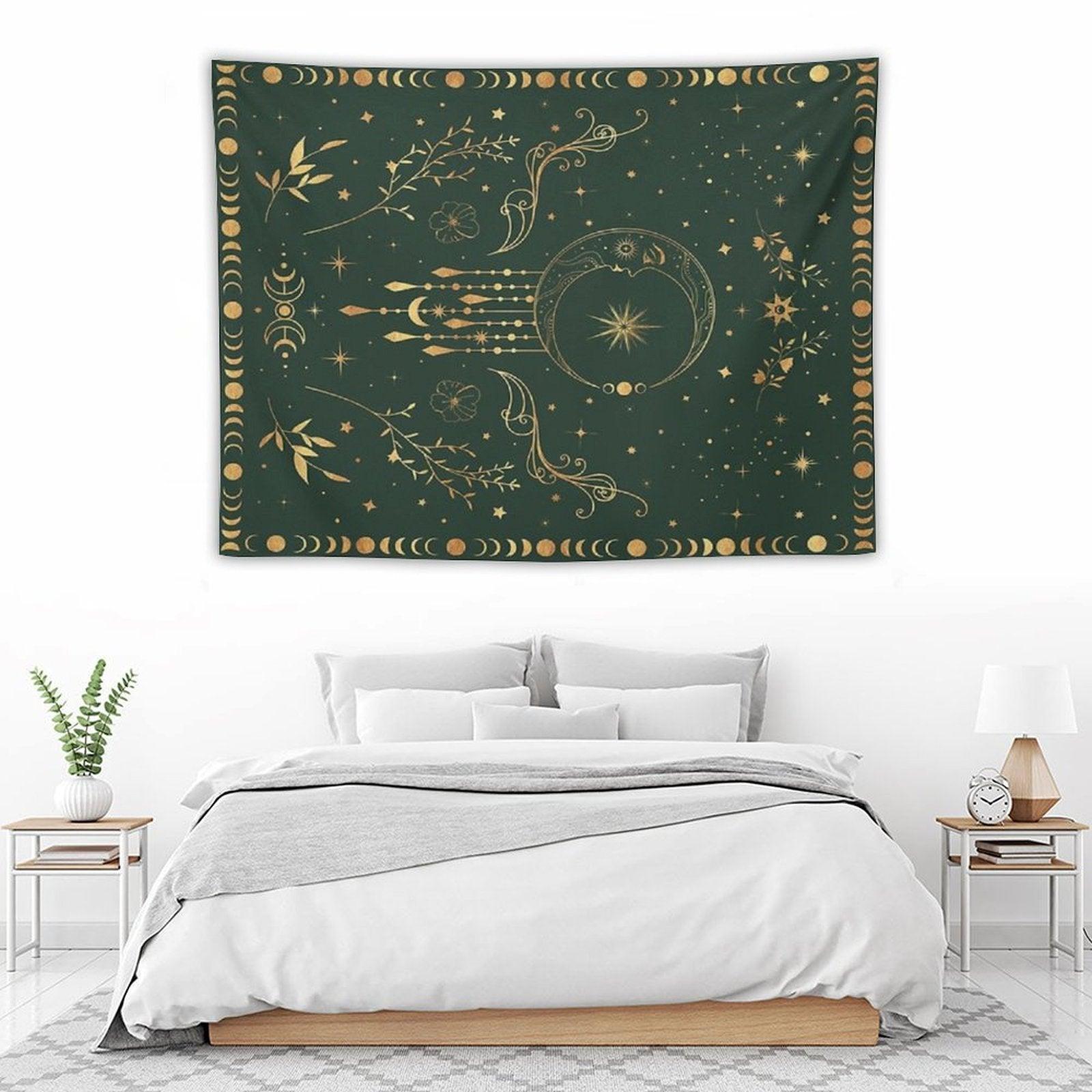 Sage Green And Gold Celestial Crescent Moon with Floral Accents And Moon Phase Tie Dye Tapestry