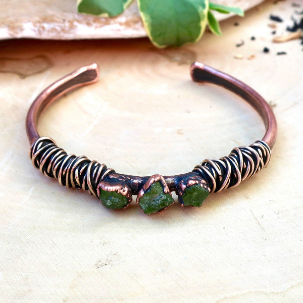 Raw Peridot Copper Cuff - August Stone | Handmade by Blackbird & Sage