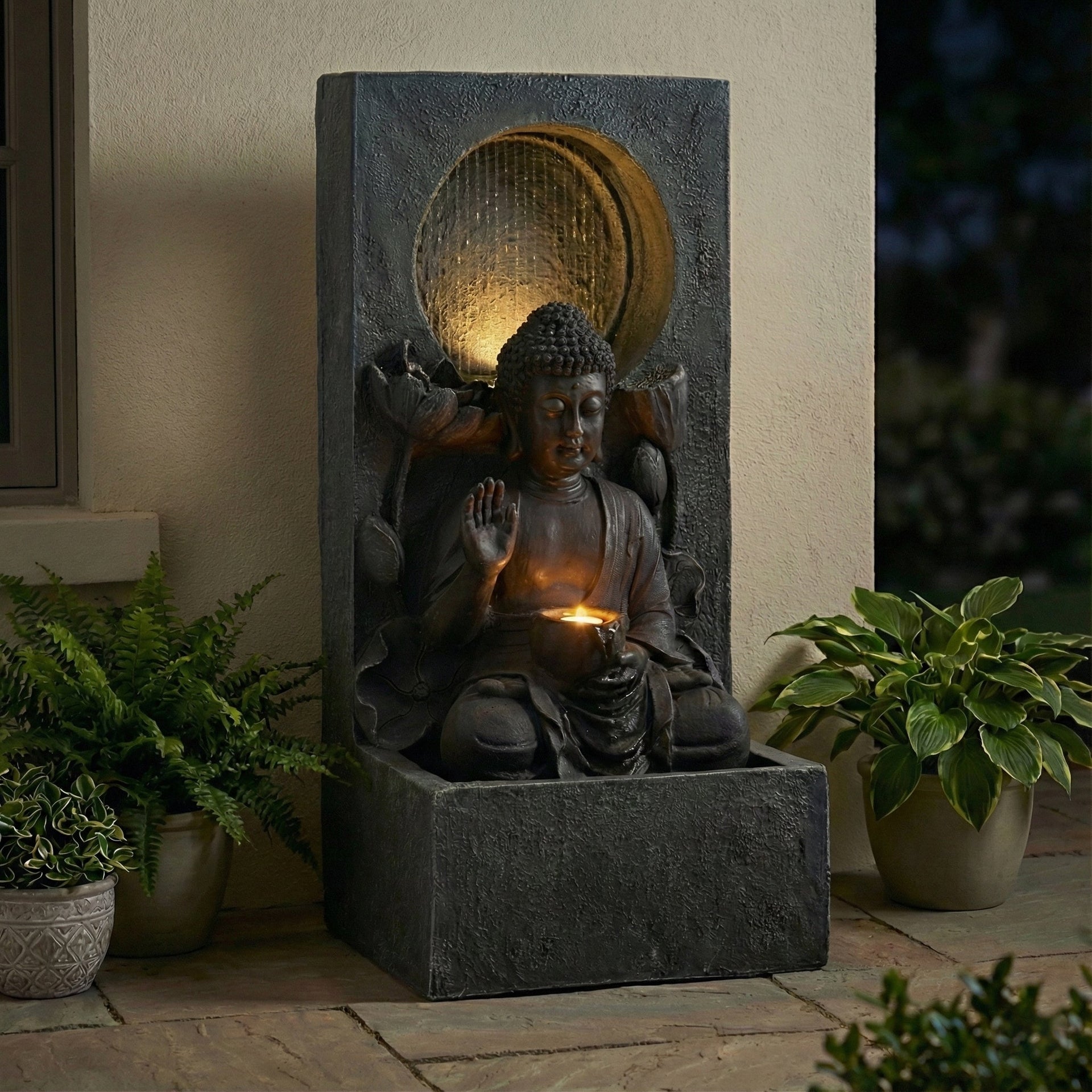 Resin Buddha Wall Panel Outdoor Fountain 28 Inch LED