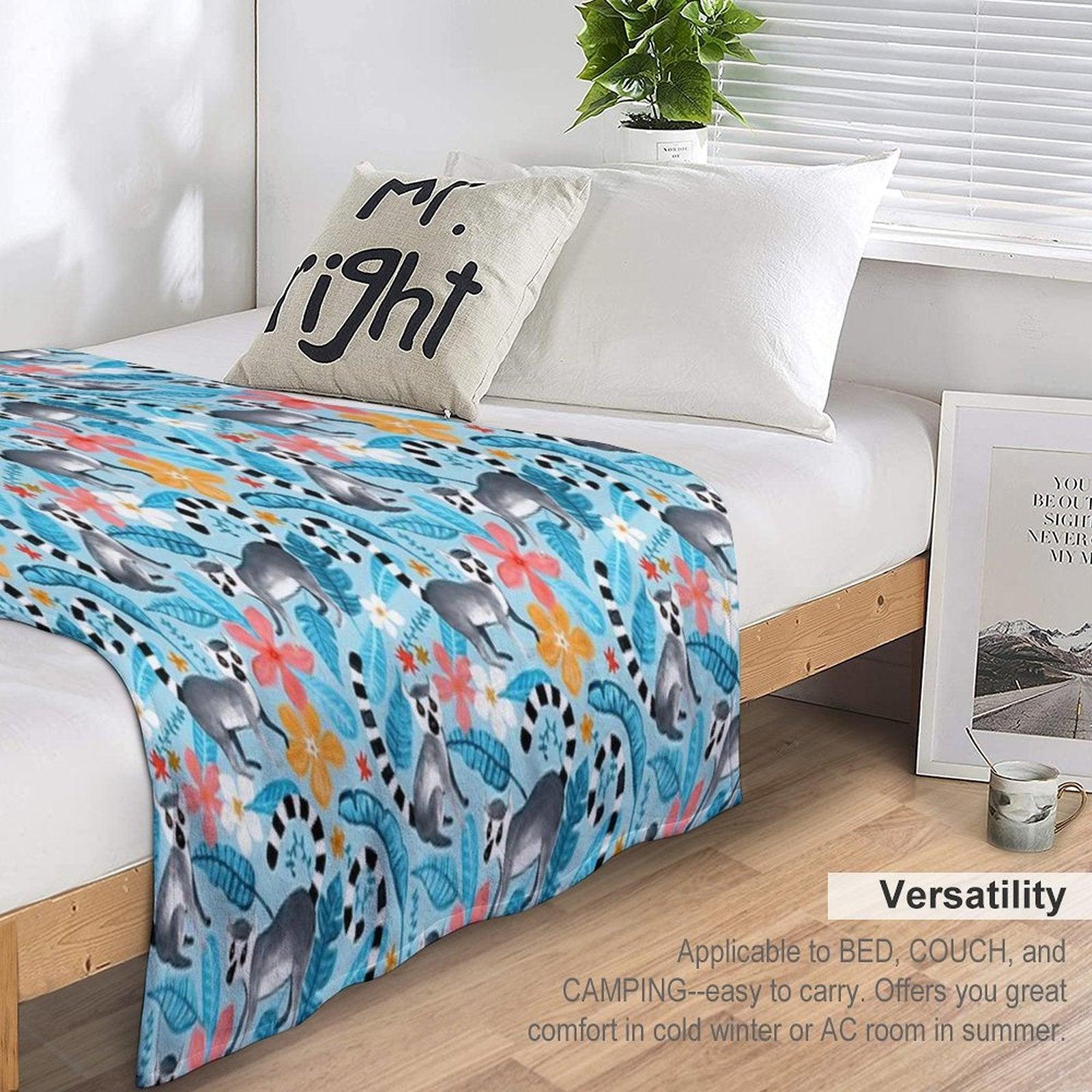 Gouache Lemur Land on Blue Throw Blanket
