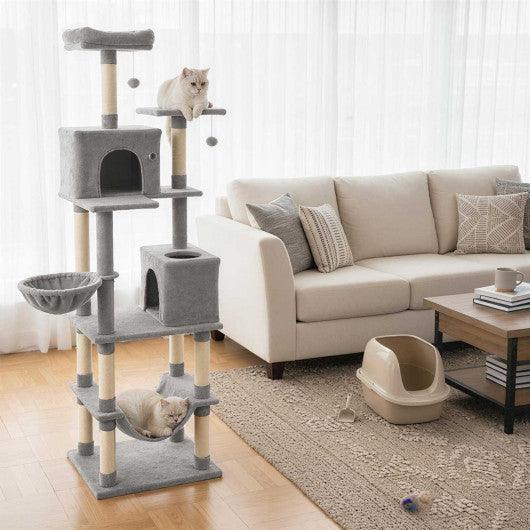 80 Inches Tall Cat Tree with 2 Large Condos and Dangling Toys-Light Gray
