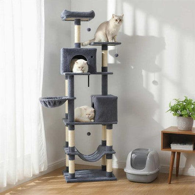 80 Inches Tall Cat Tree with 2 Large Condos and Dangling Toys-Dark Gray